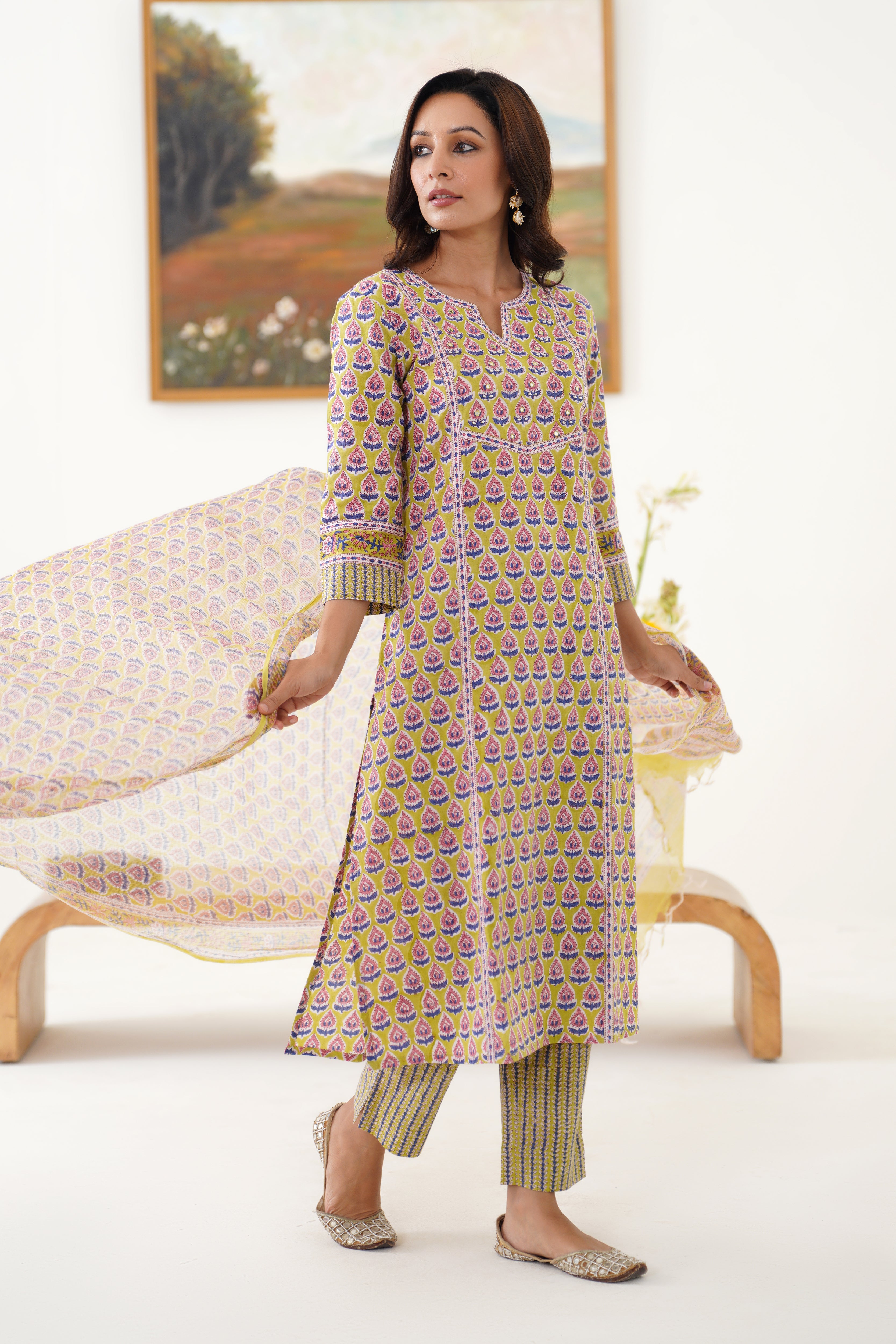 Green Kelsey Embroidered Kurta Set of 3