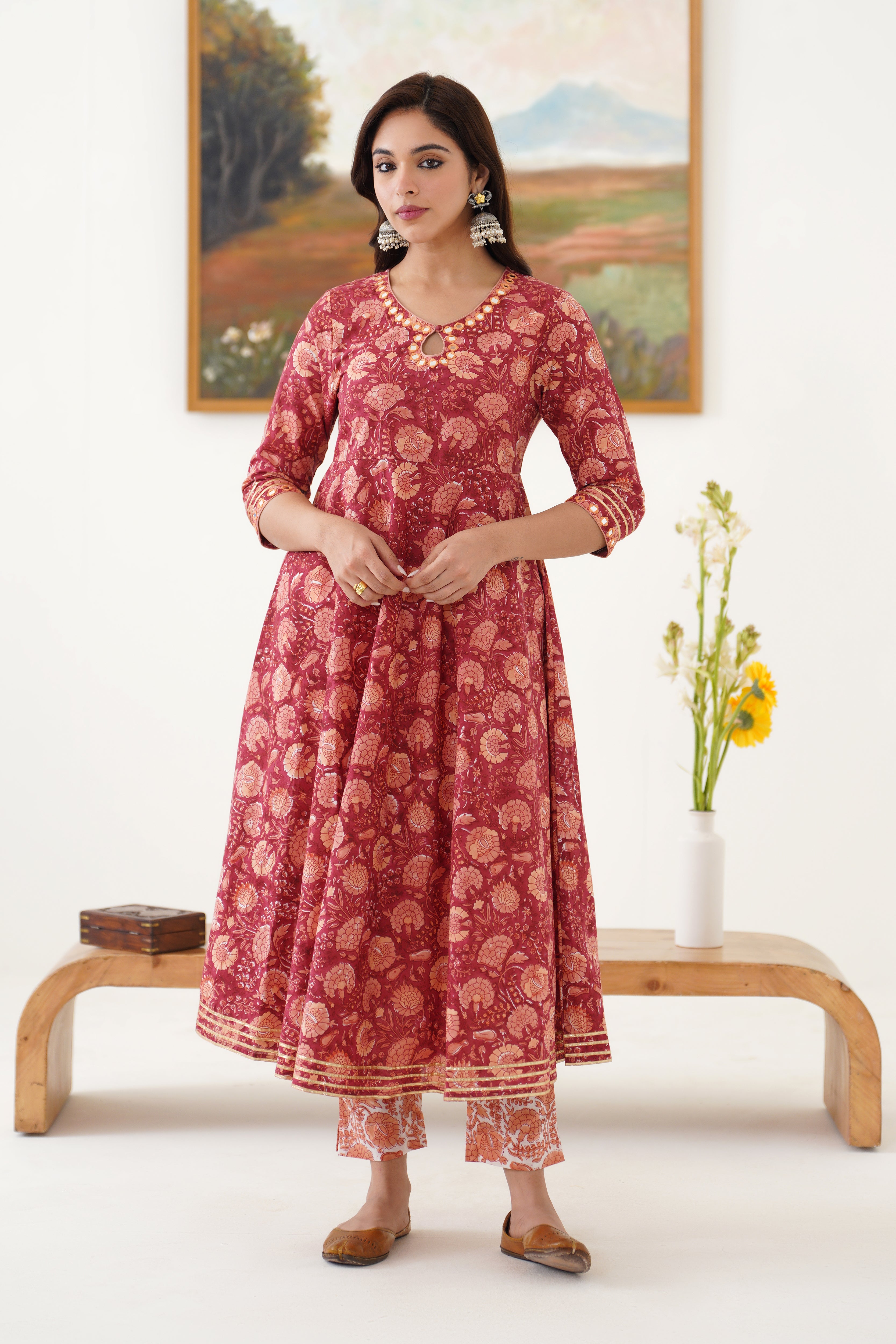 Red Valentina Mirrorwork Anarkali Set of 3