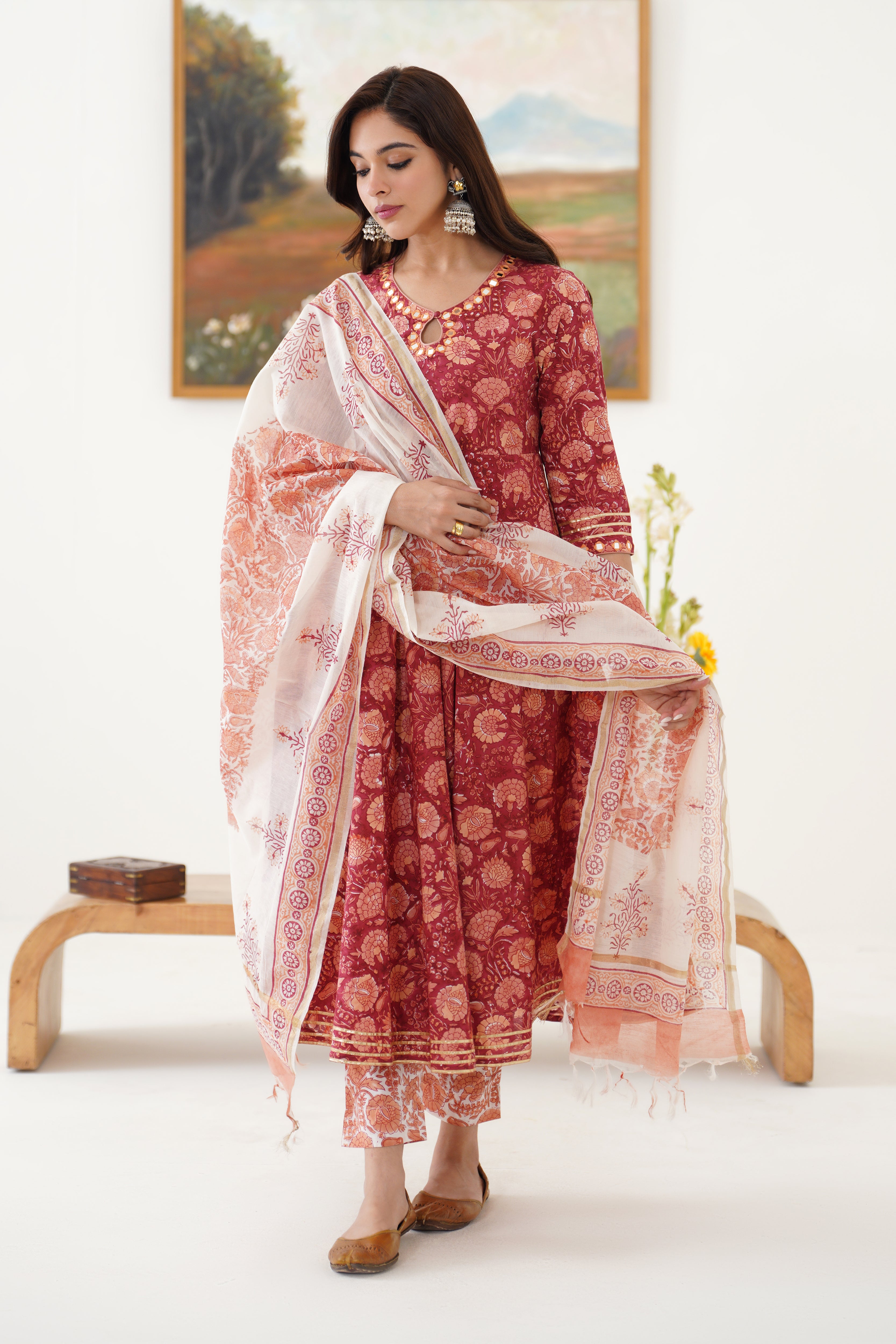 Red Valentina Mirrorwork Anarkali Set of 3