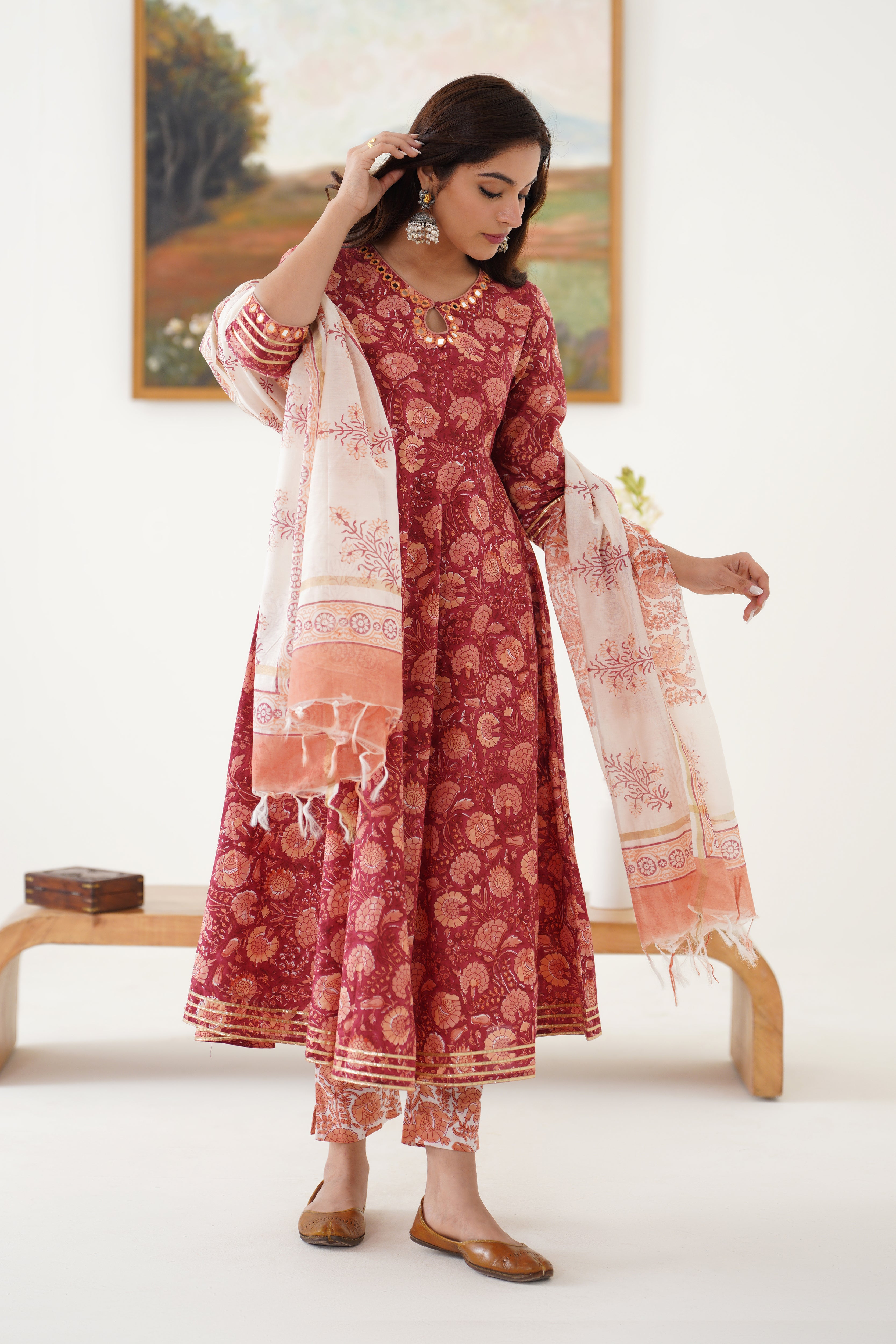 Red Valentina Mirrorwork Anarkali Set of 3