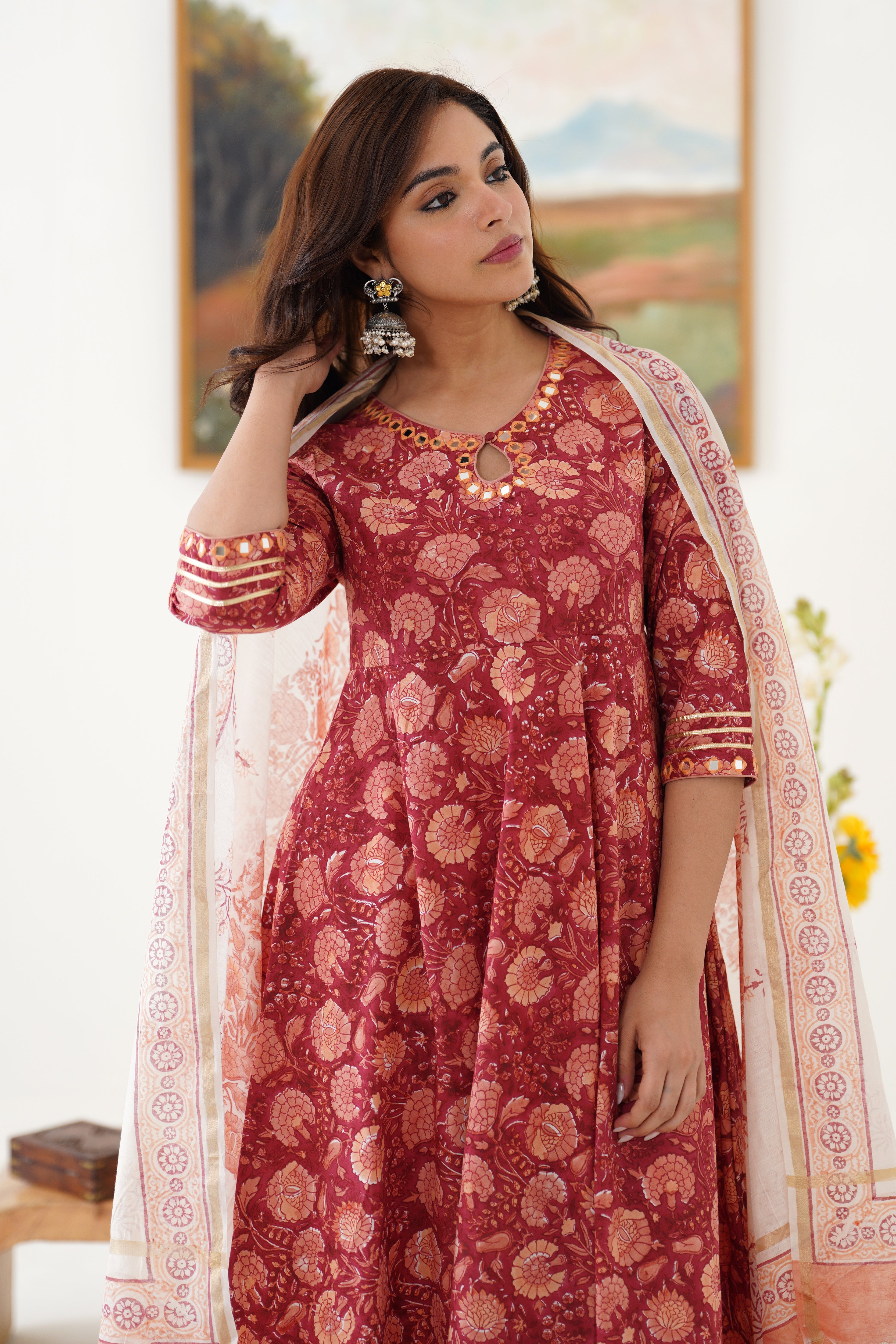 Red Valentina Mirrorwork Anarkali Set of 3