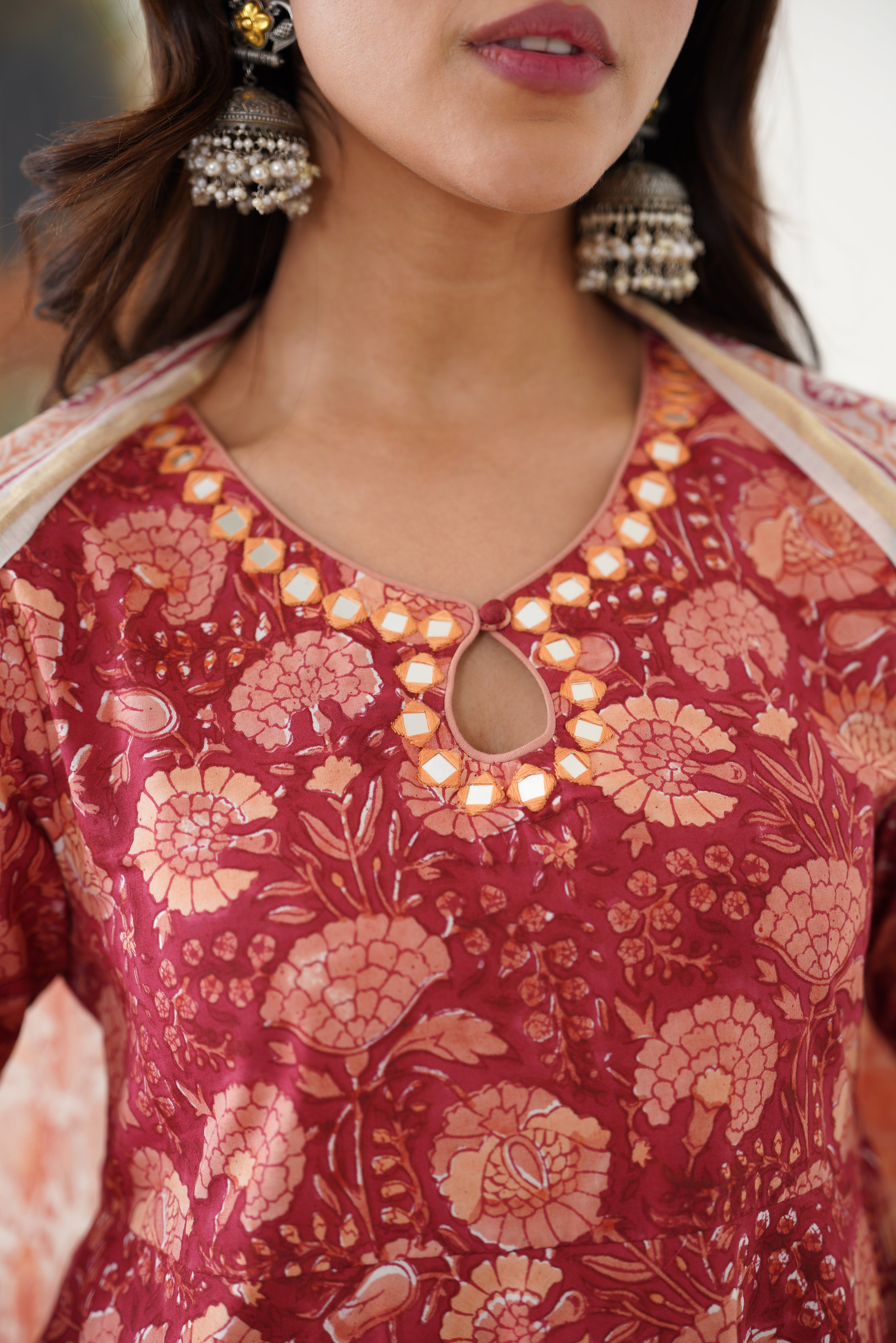 Red Valentina Mirrorwork Anarkali Set of 3