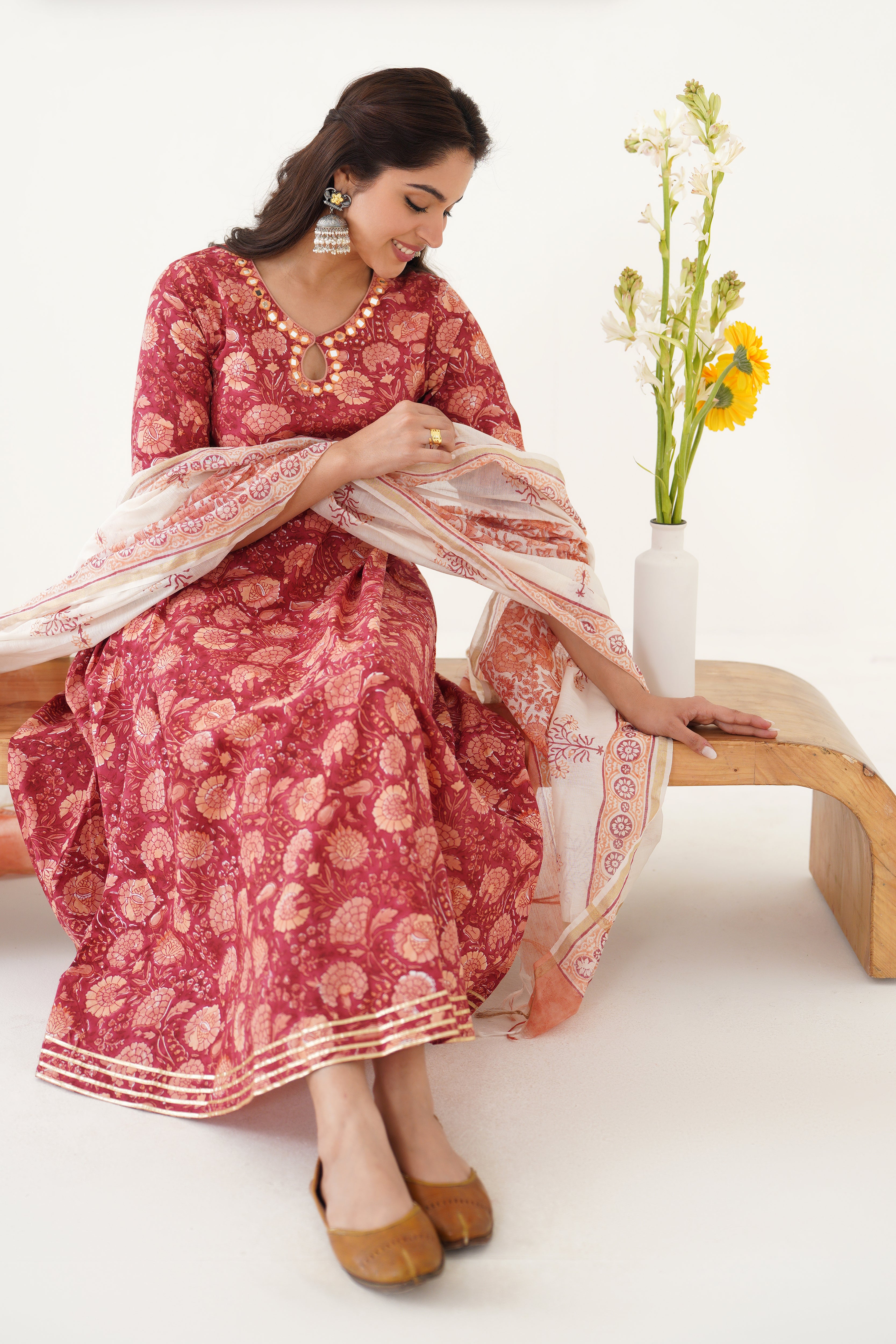 Red Valentina Mirrorwork Anarkali Set of 3