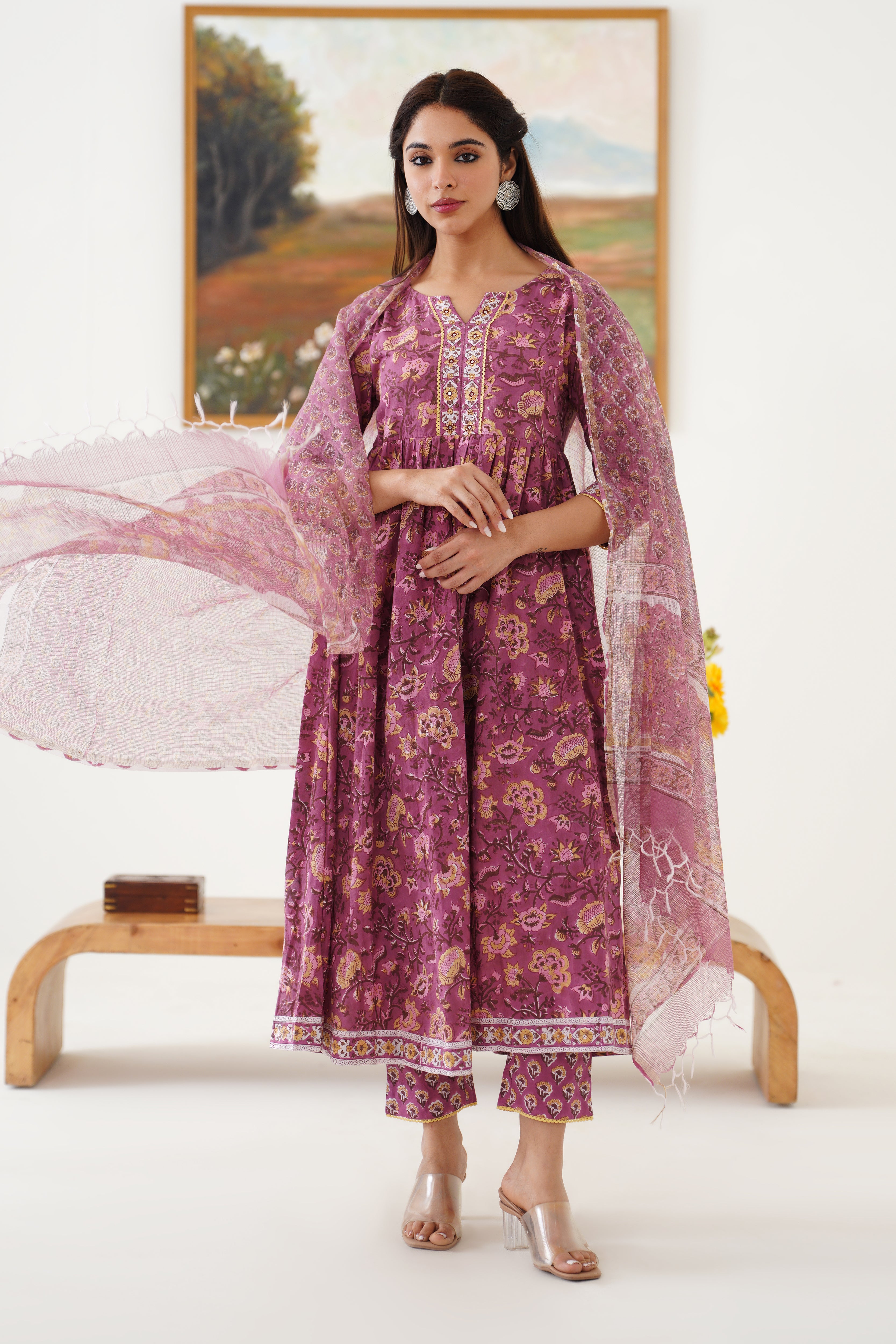 Purple Evelyn Embroidered Anarkali Set of 3