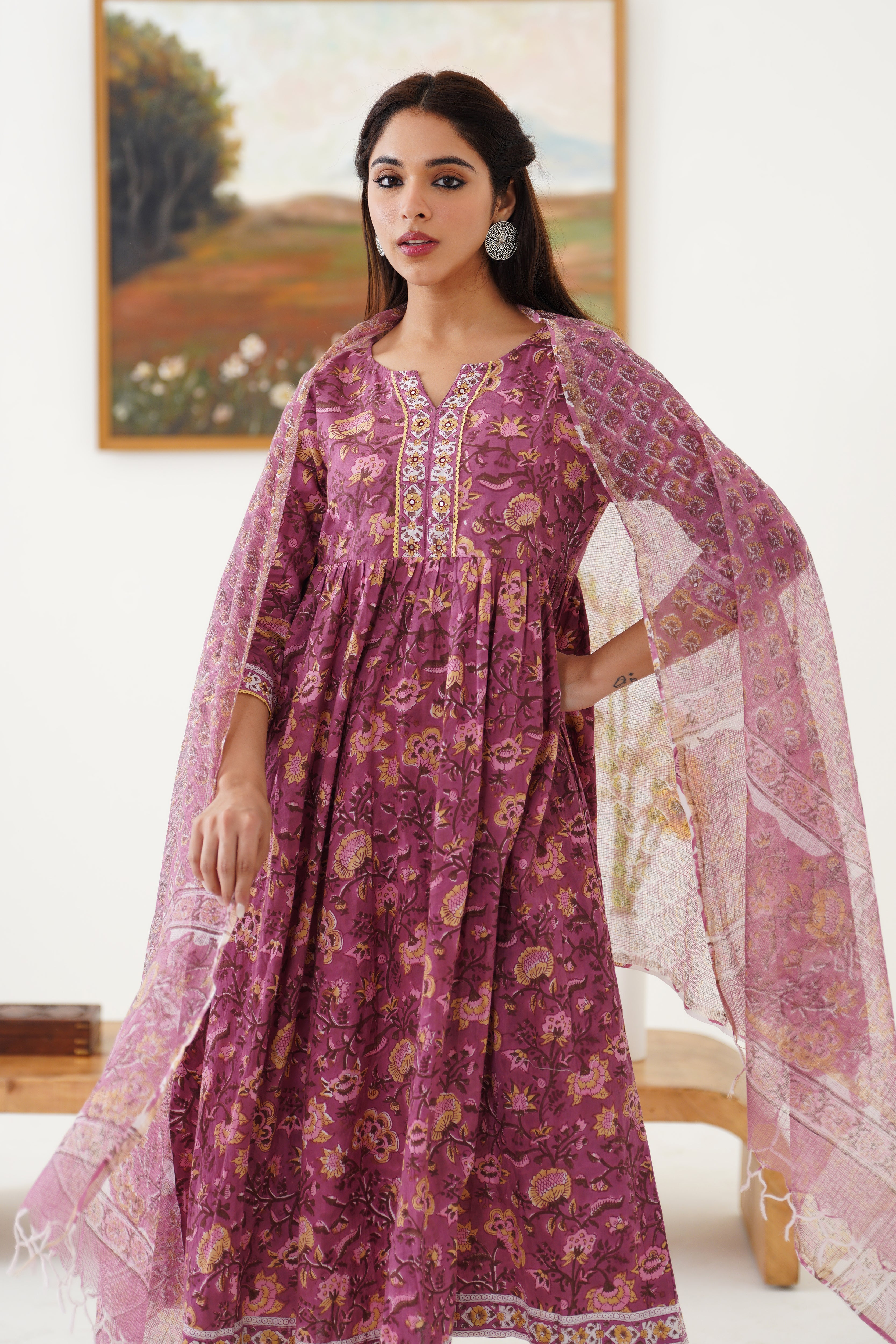 Purple Evelyn Embroidered Anarkali Set of 3