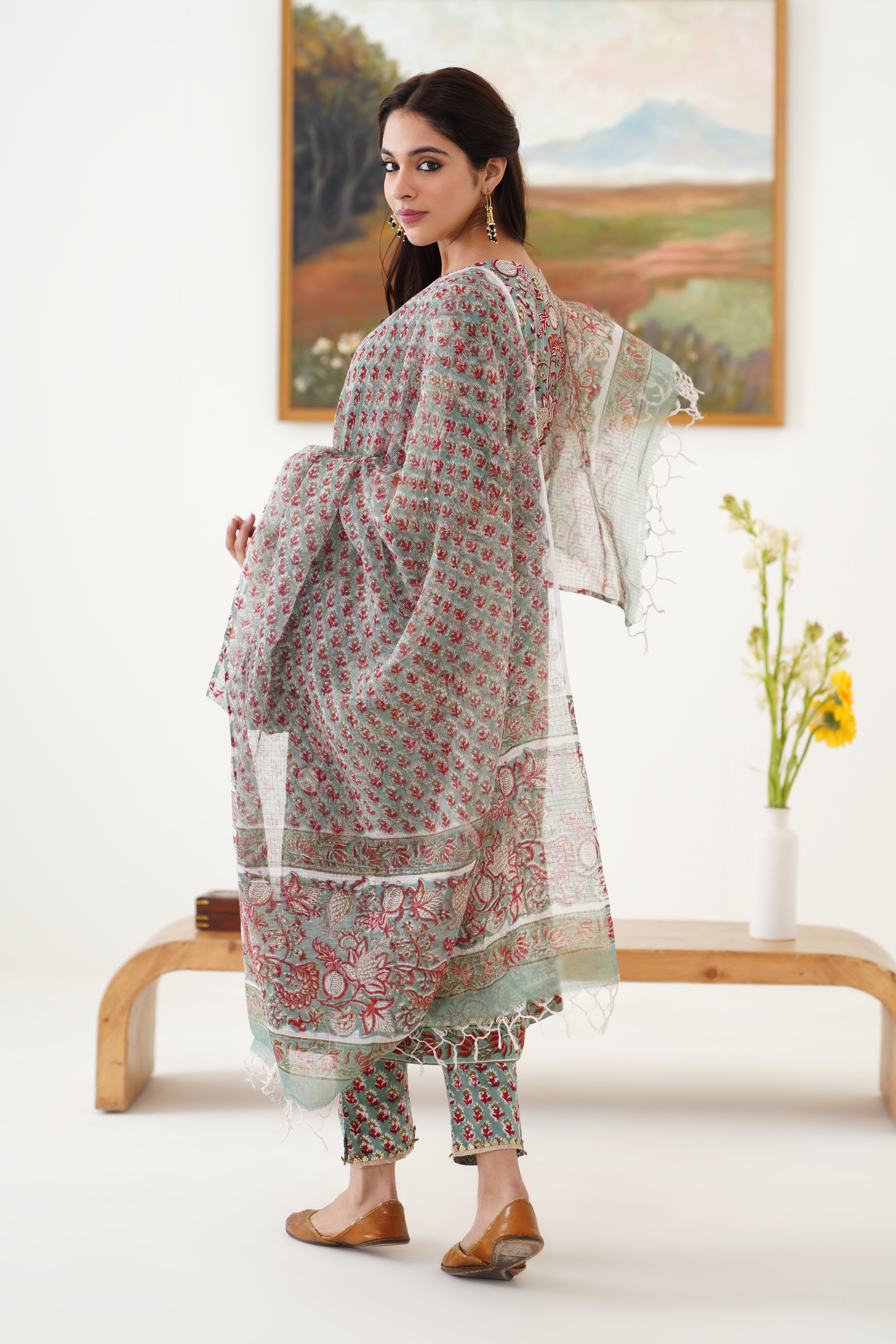 Green Giselle Pintucks Gathered Kurta Set of 3