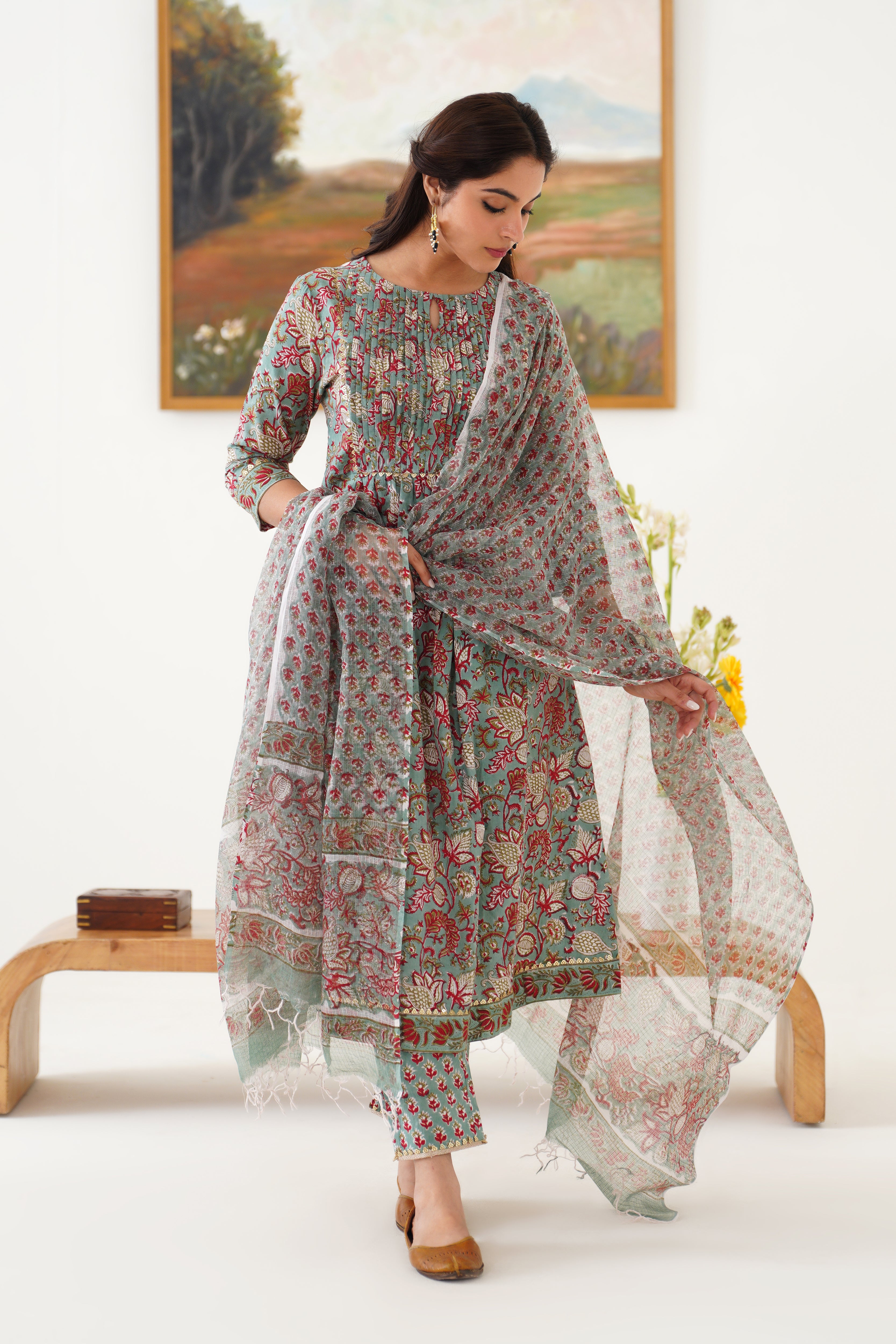 Green Giselle Pintucks Gathered Kurta Set of 3