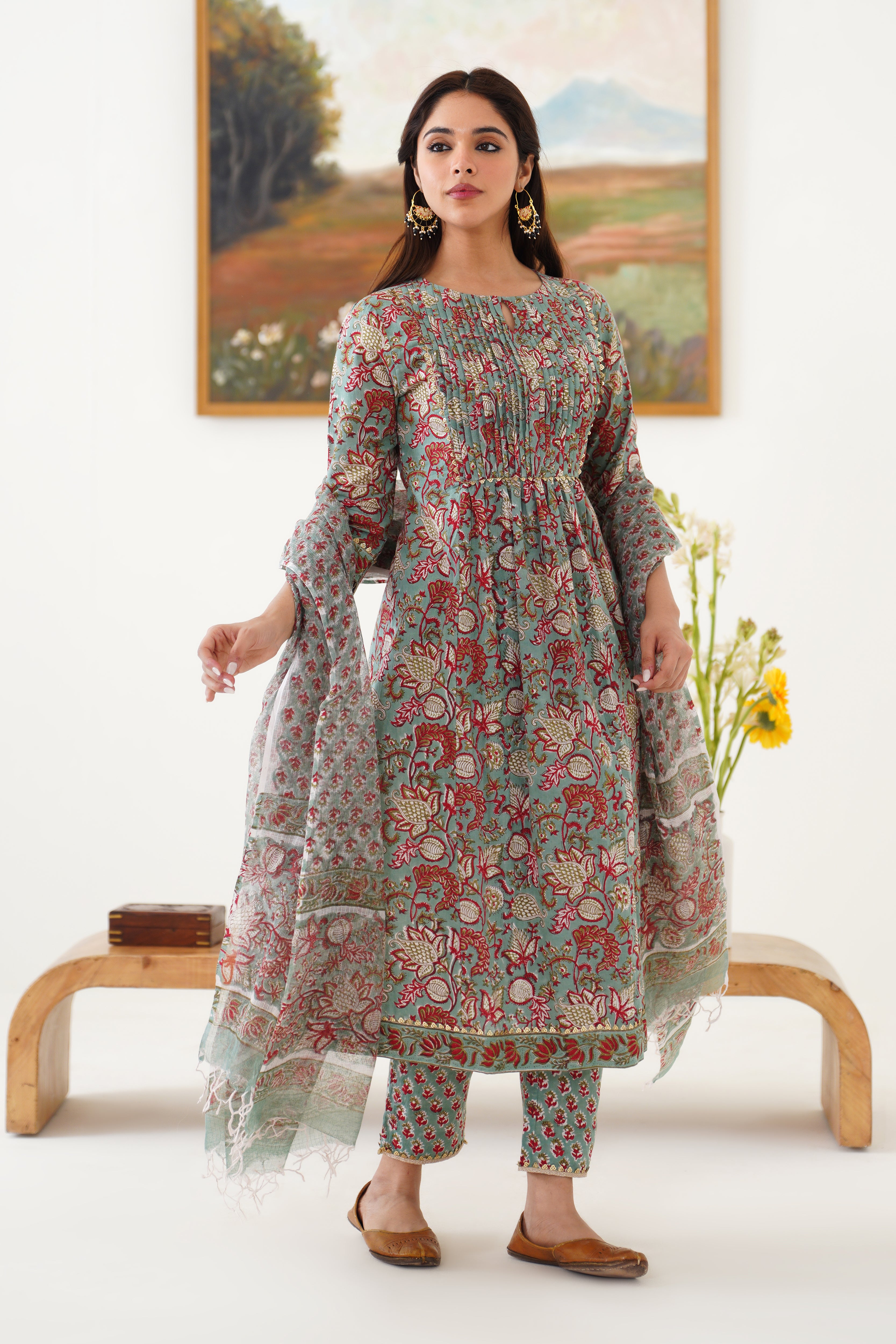 Green Giselle Pintucks Gathered Kurta Set of 3