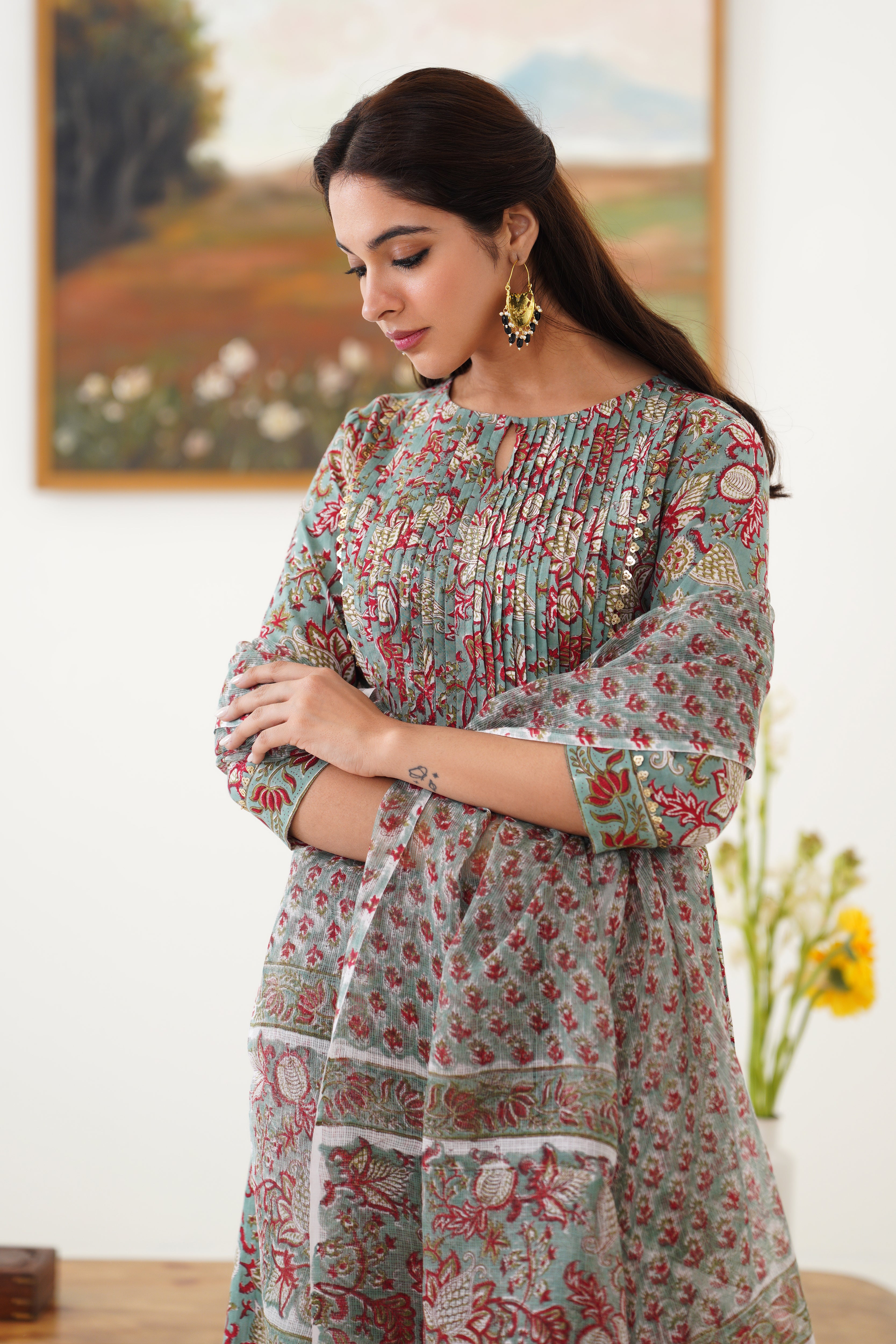 Green Giselle Pintucks Gathered Kurta Set of 3