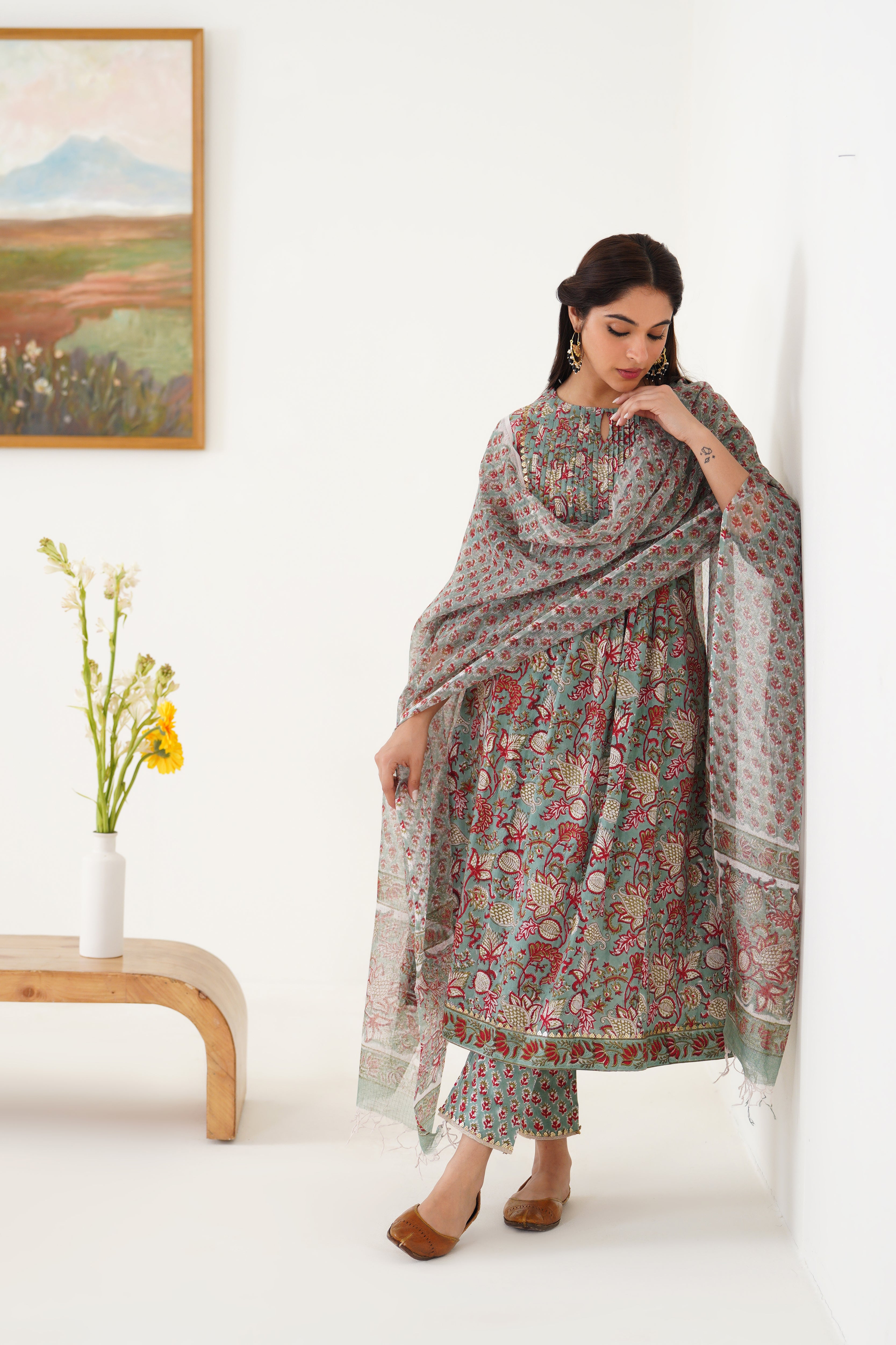 Green Giselle Pintucks Gathered Kurta Set of 3