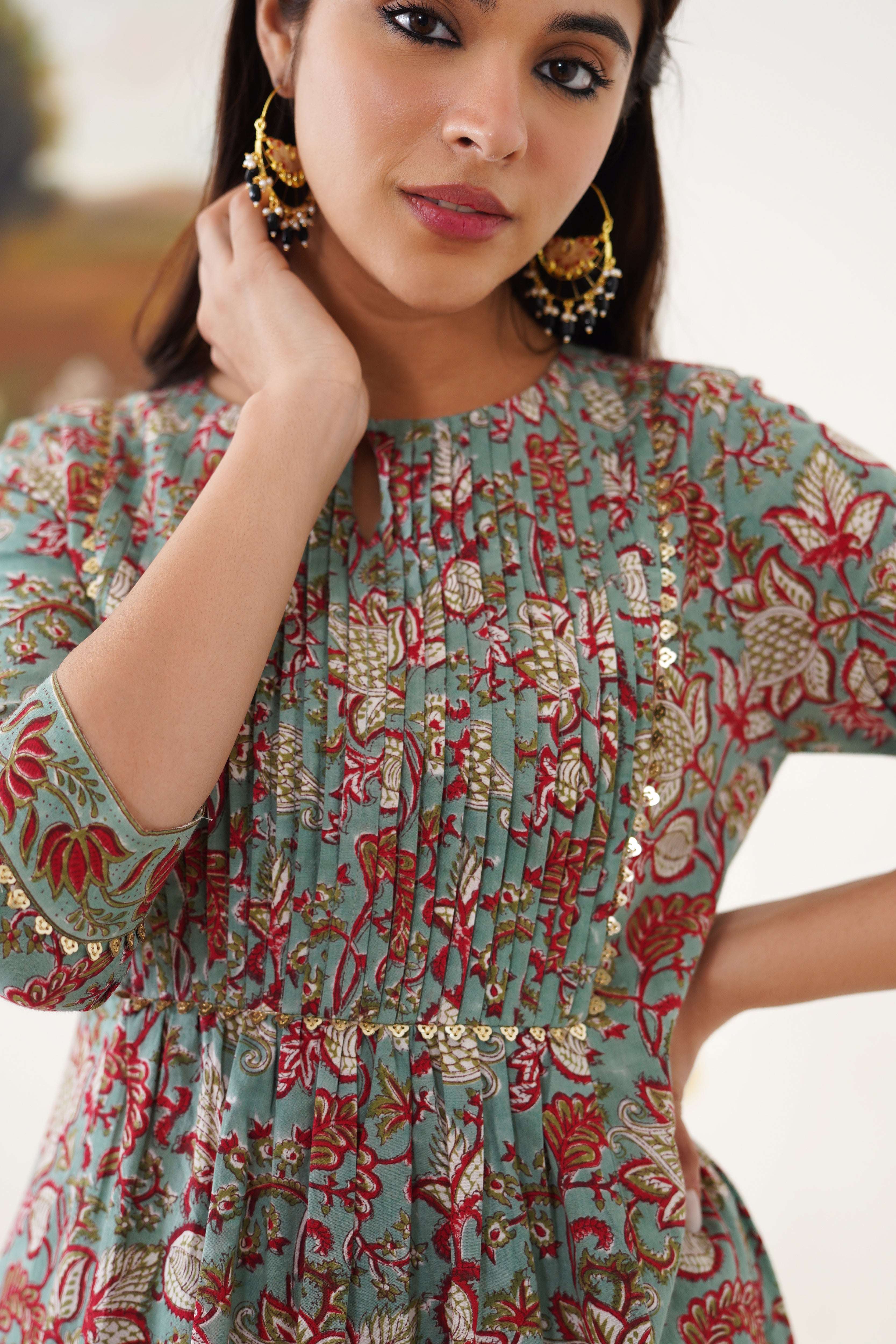 Green Giselle Pintucks Gathered Kurta Set of 3