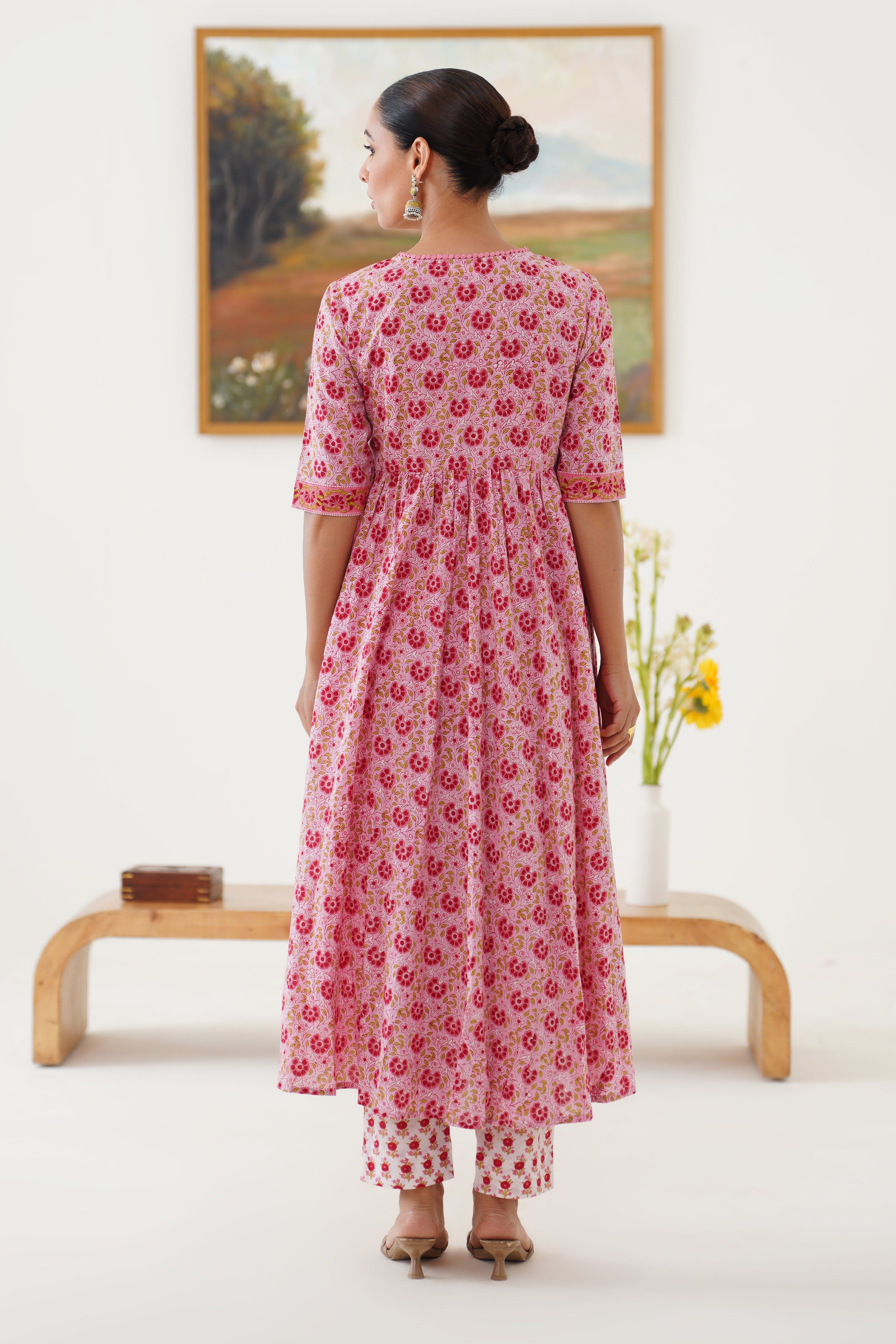 Pink Daisy Gathered Kurta Set of 3