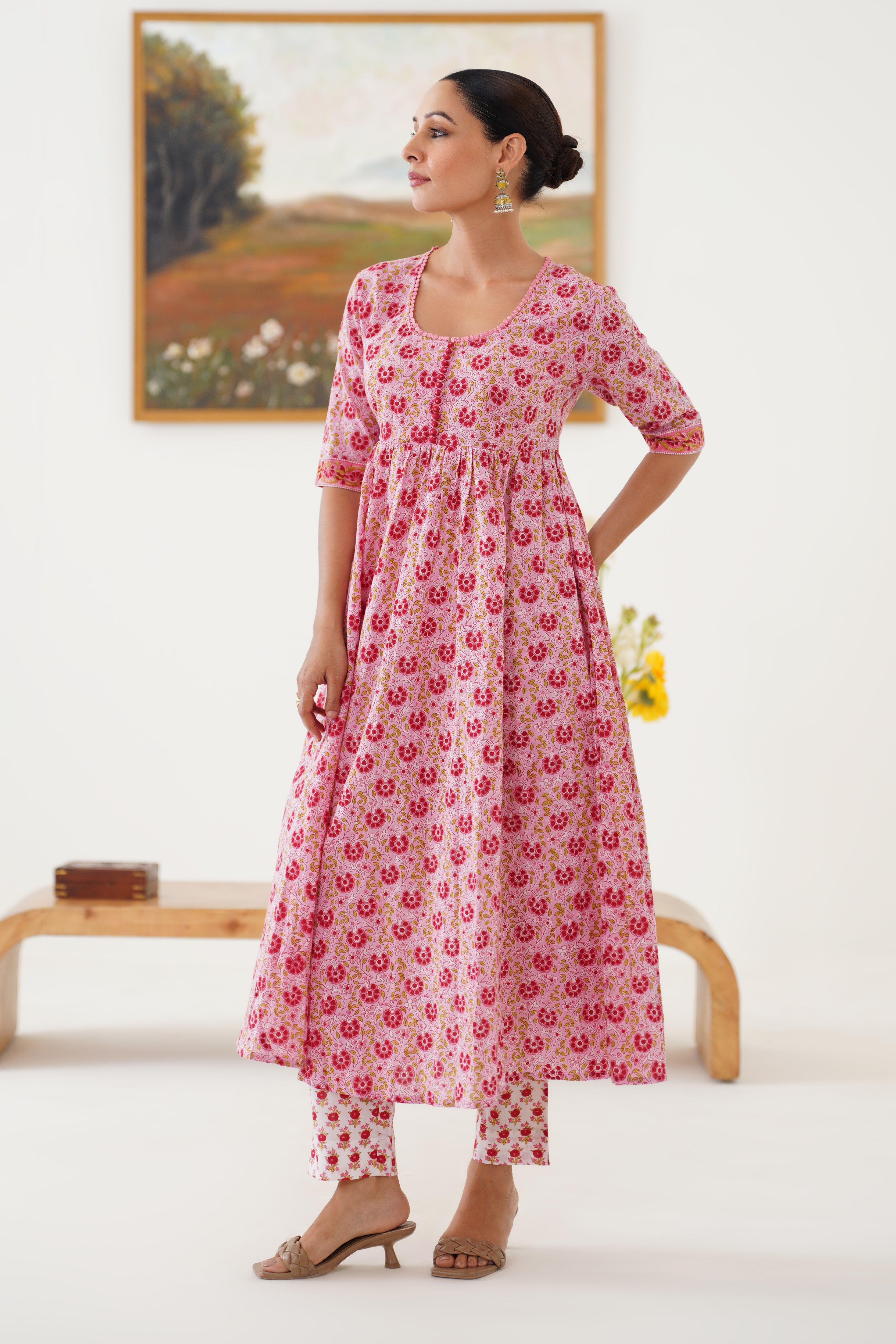 Pink Daisy Gathered Kurta Set of 3