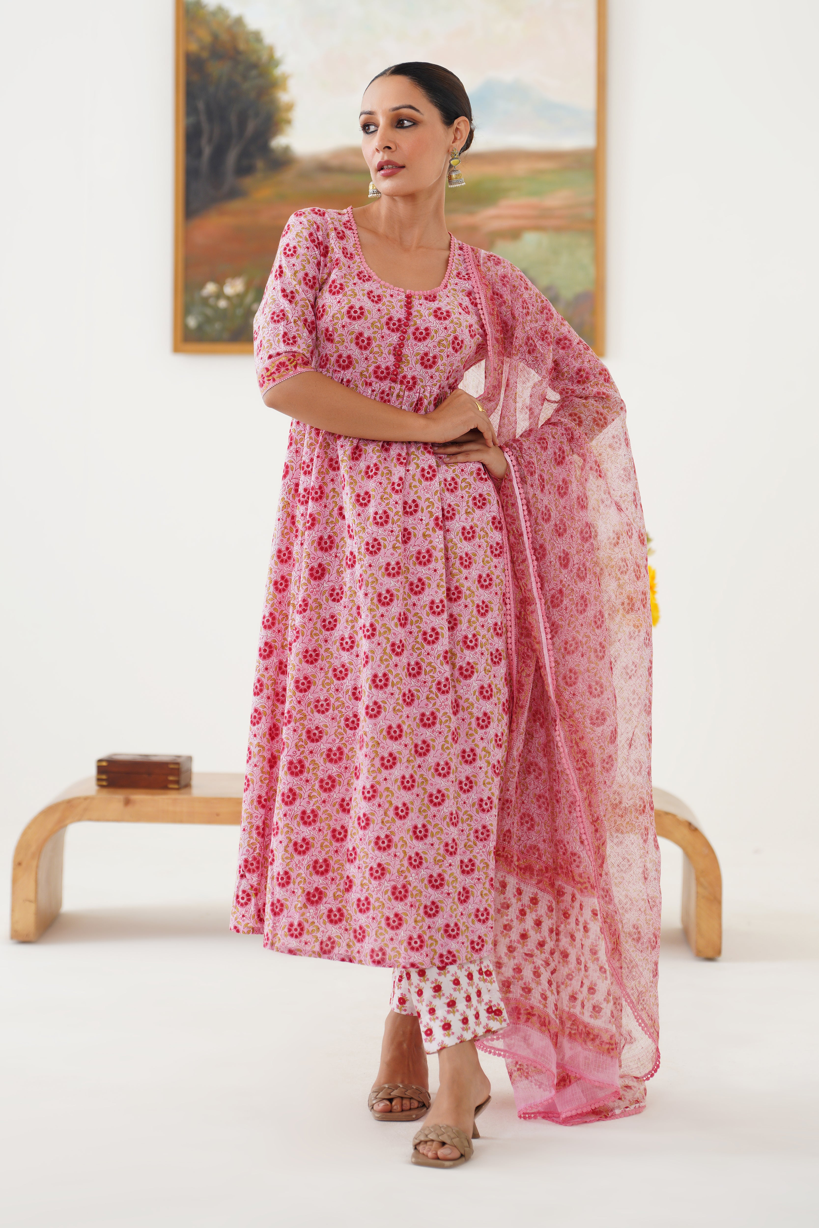 Pink Daisy Gathered Kurta Set of 3