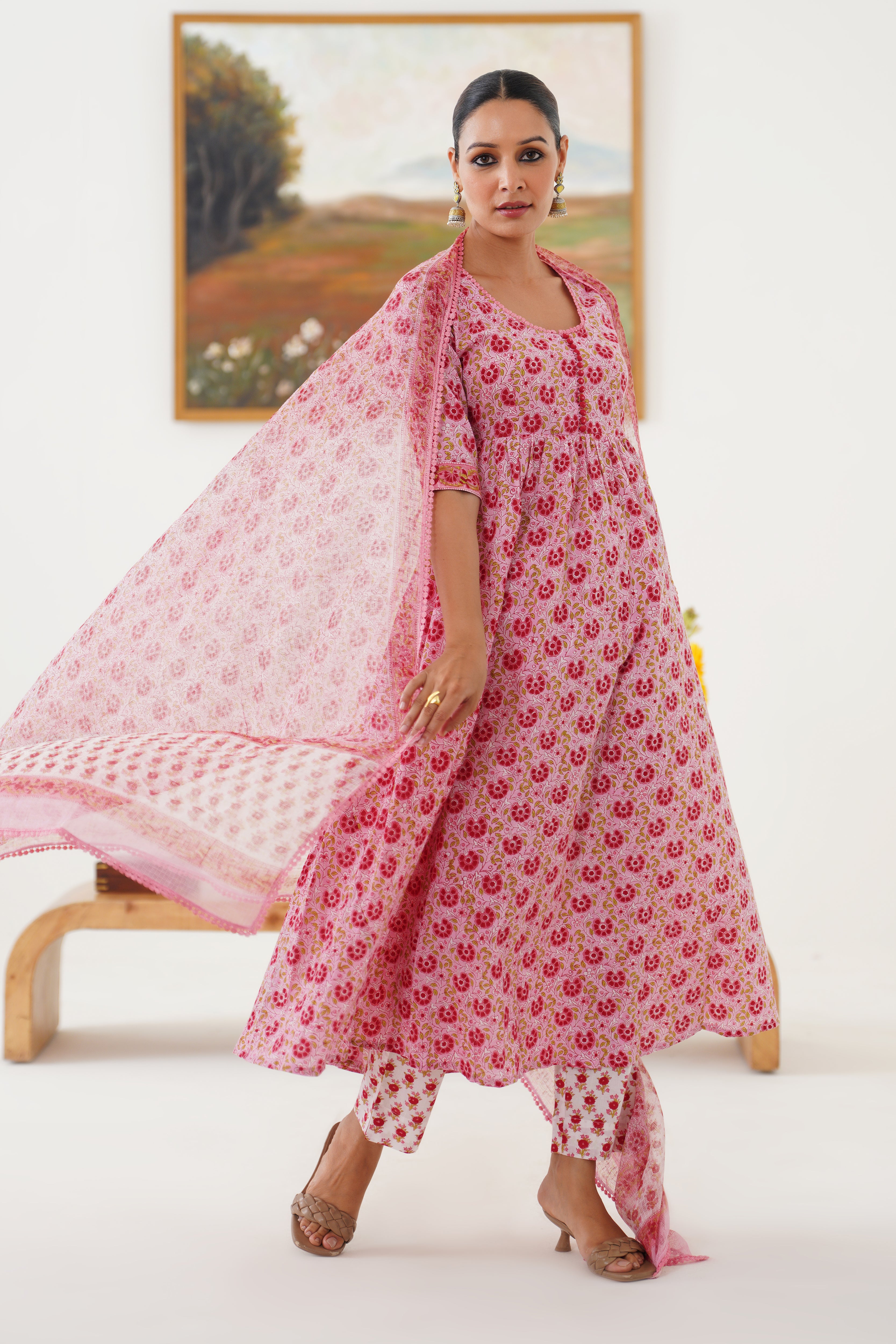 Pink Daisy Gathered Kurta Set of 3