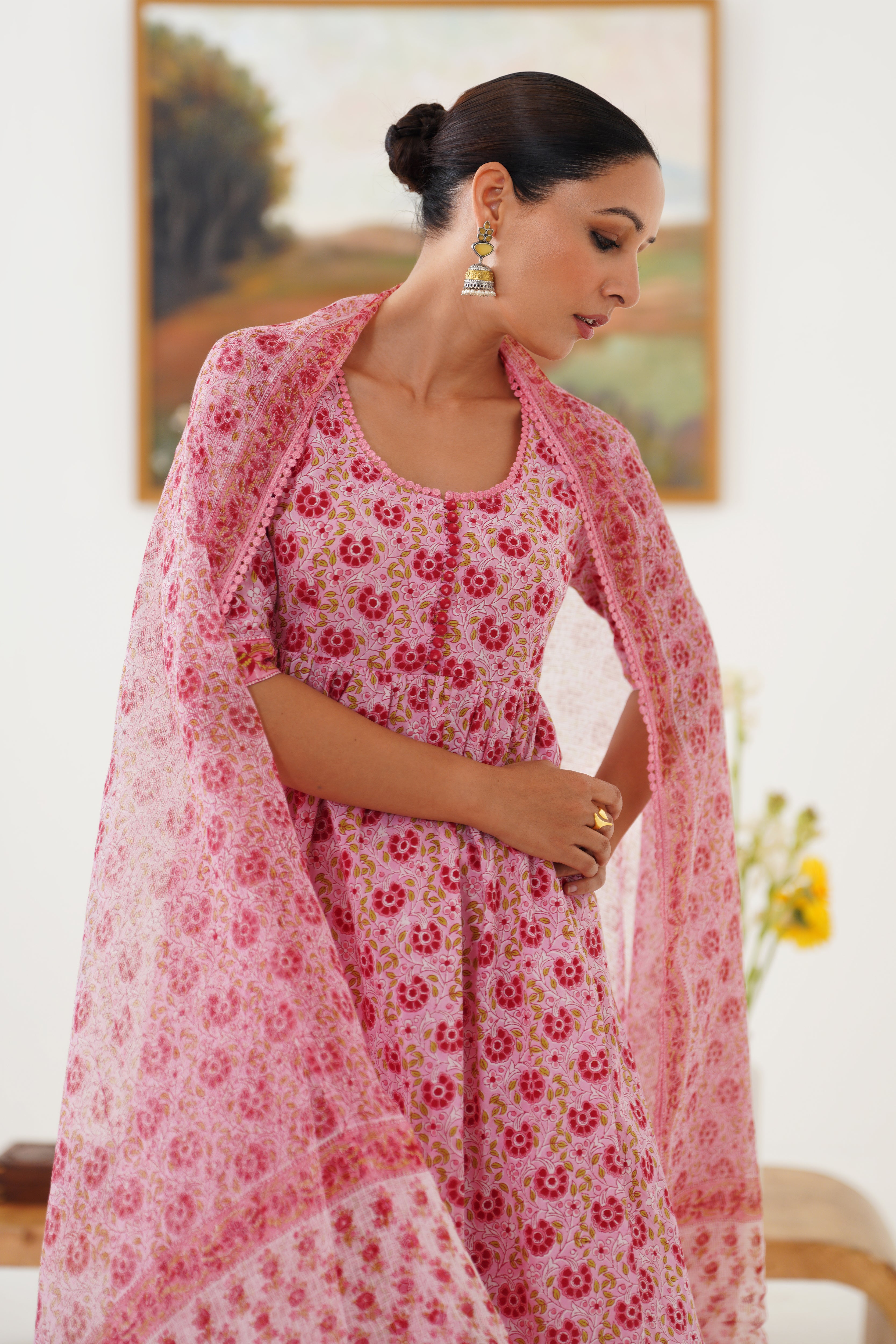 Pink Daisy Gathered Kurta Set of 3