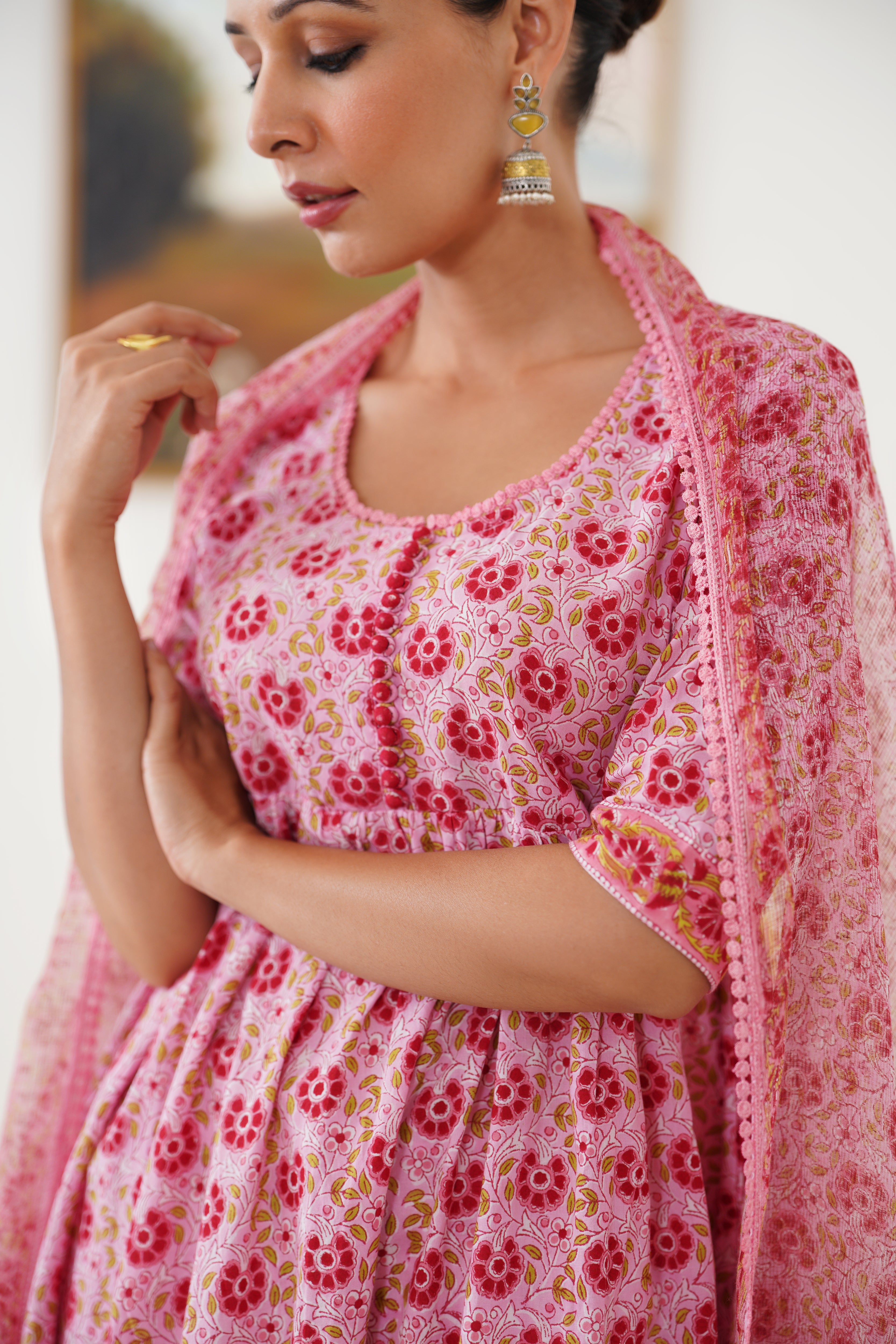 Pink Daisy Gathered Kurta Set of 3