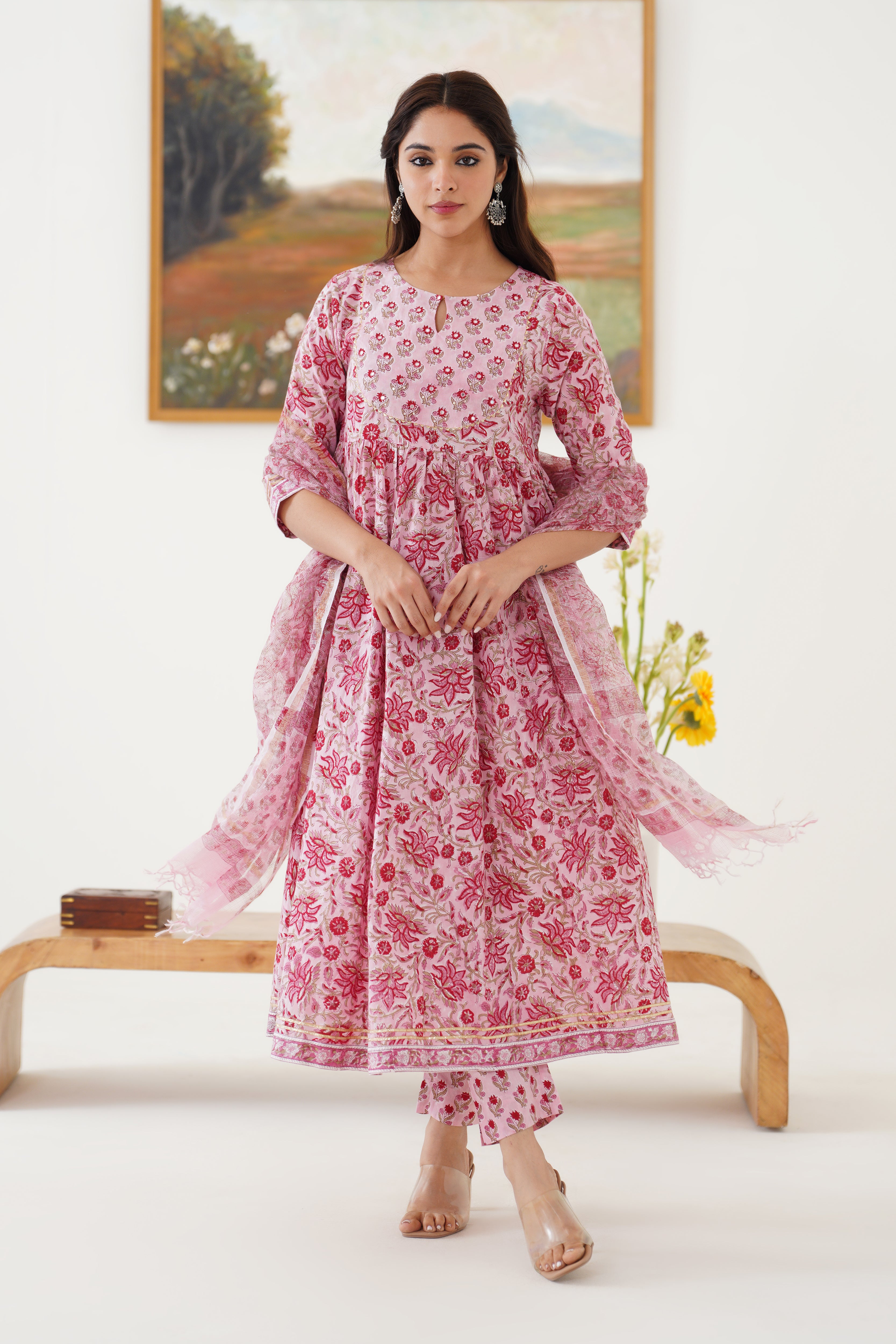 Pink Petunia Embroidered Anarkali Set of 3