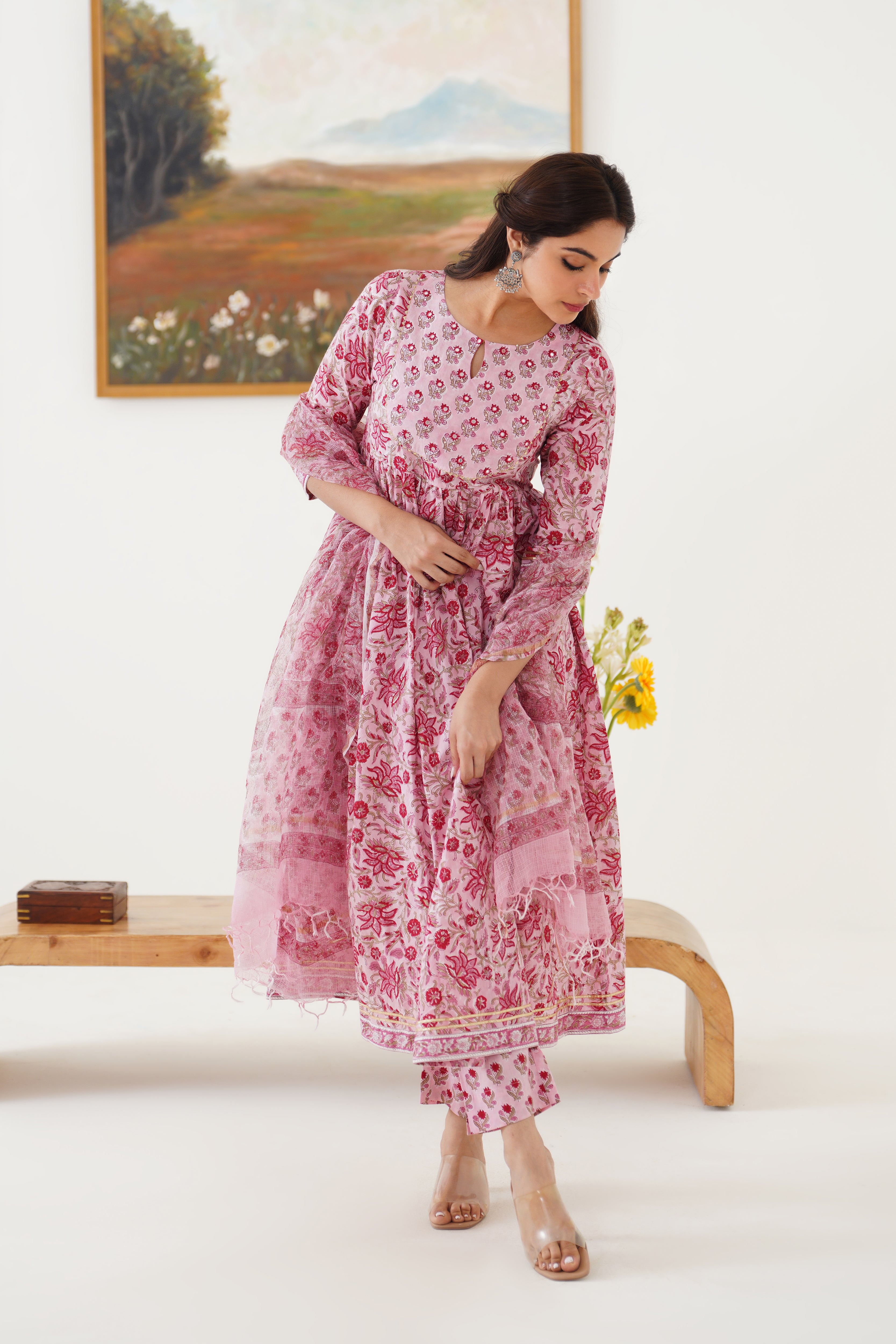 Pink Petunia Embroidered Anarkali Set of 3