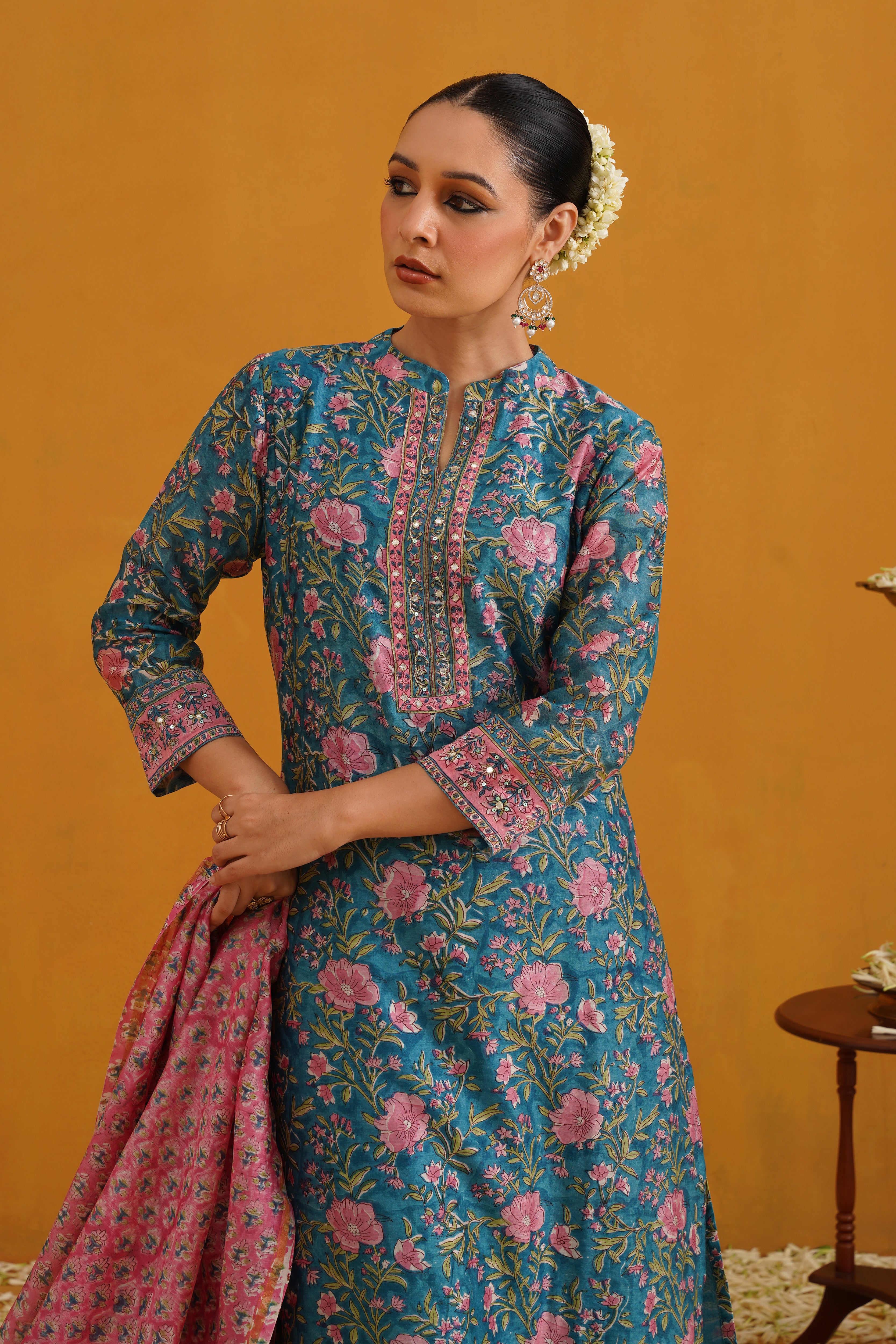 Turquoise Thea Embroidered Chanderi Kurta Set of 3