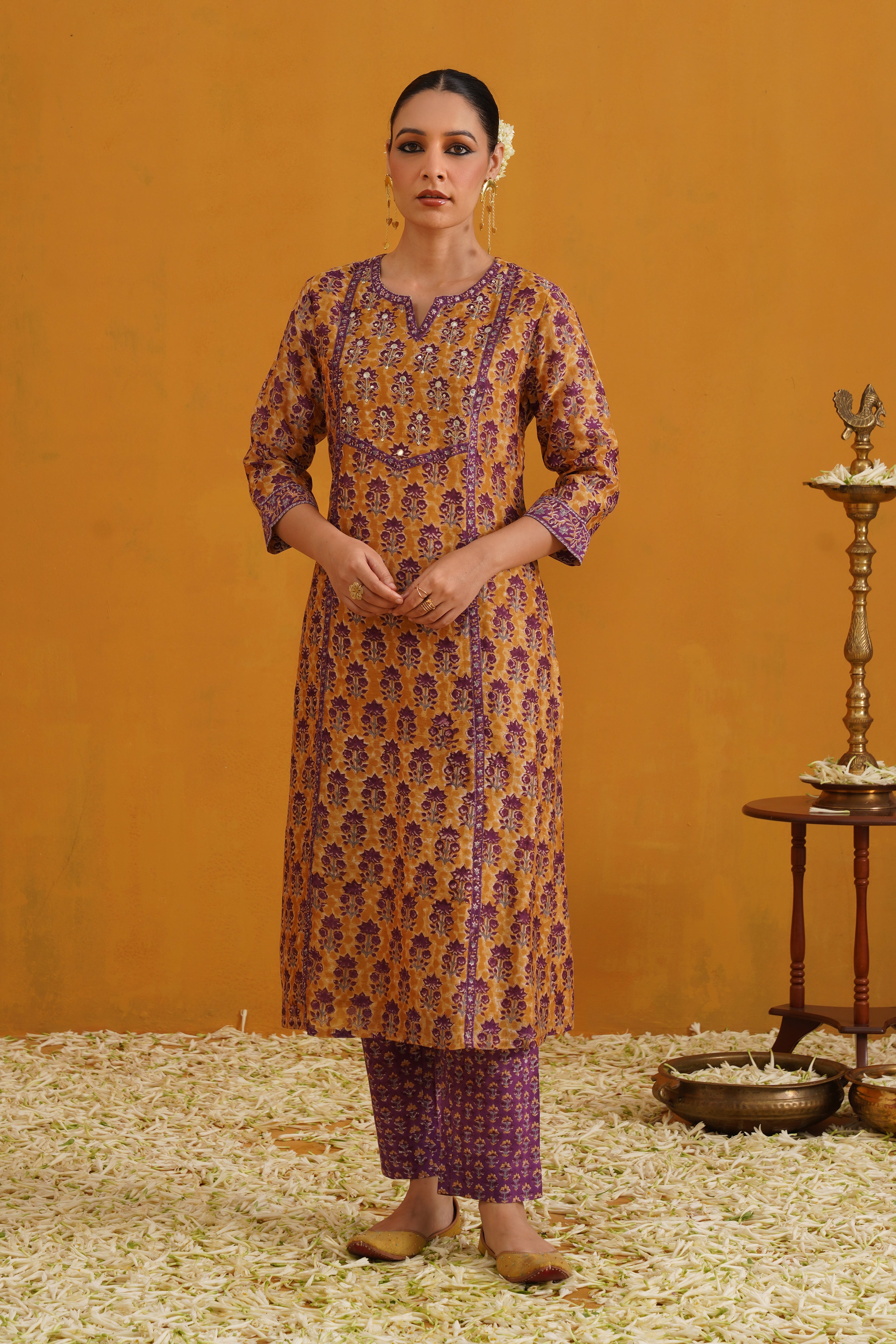 Mustard Molly Embroidered Chanderi Kurta Set of 3