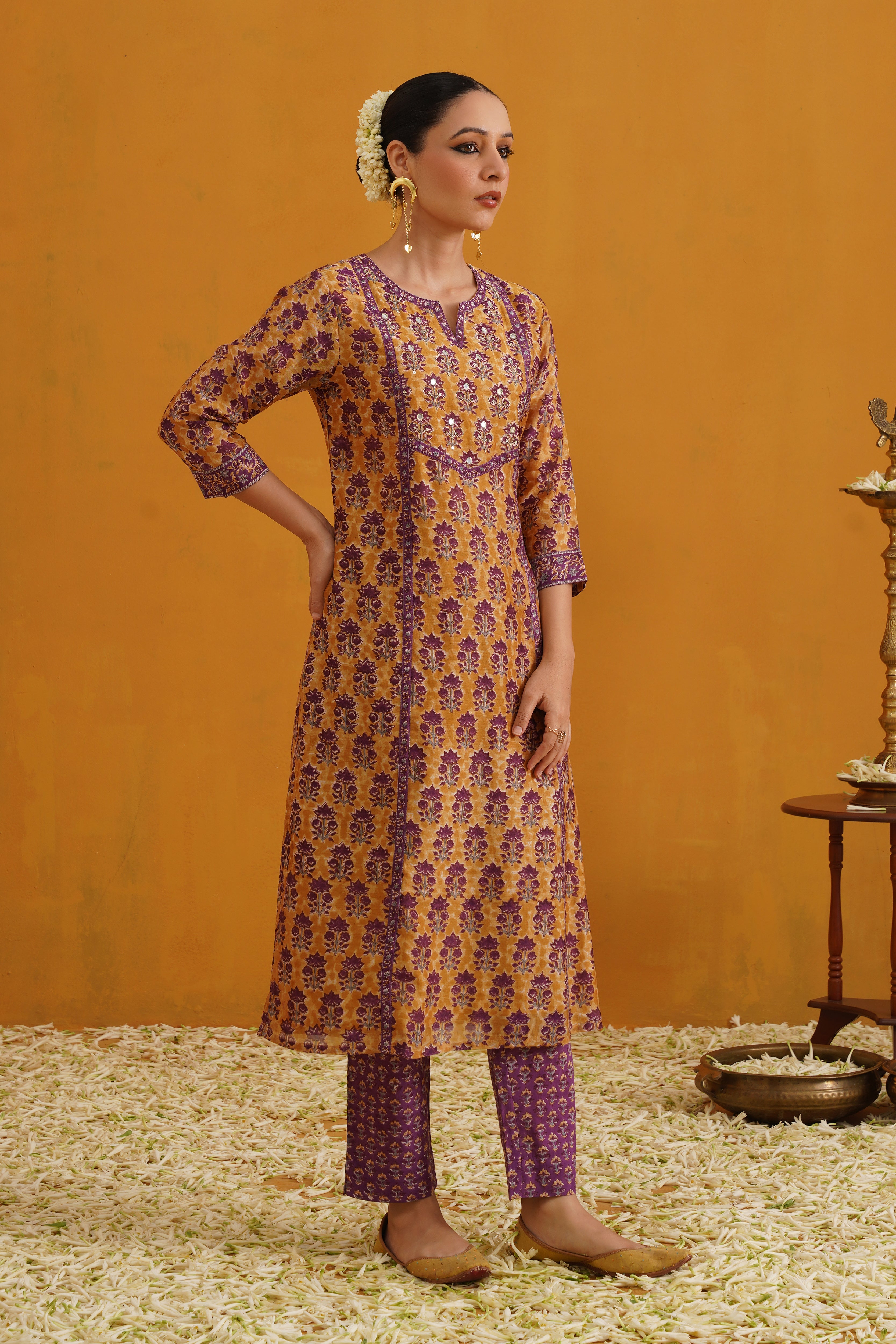 Mustard Molly Embroidered Chanderi Kurta Set of 3