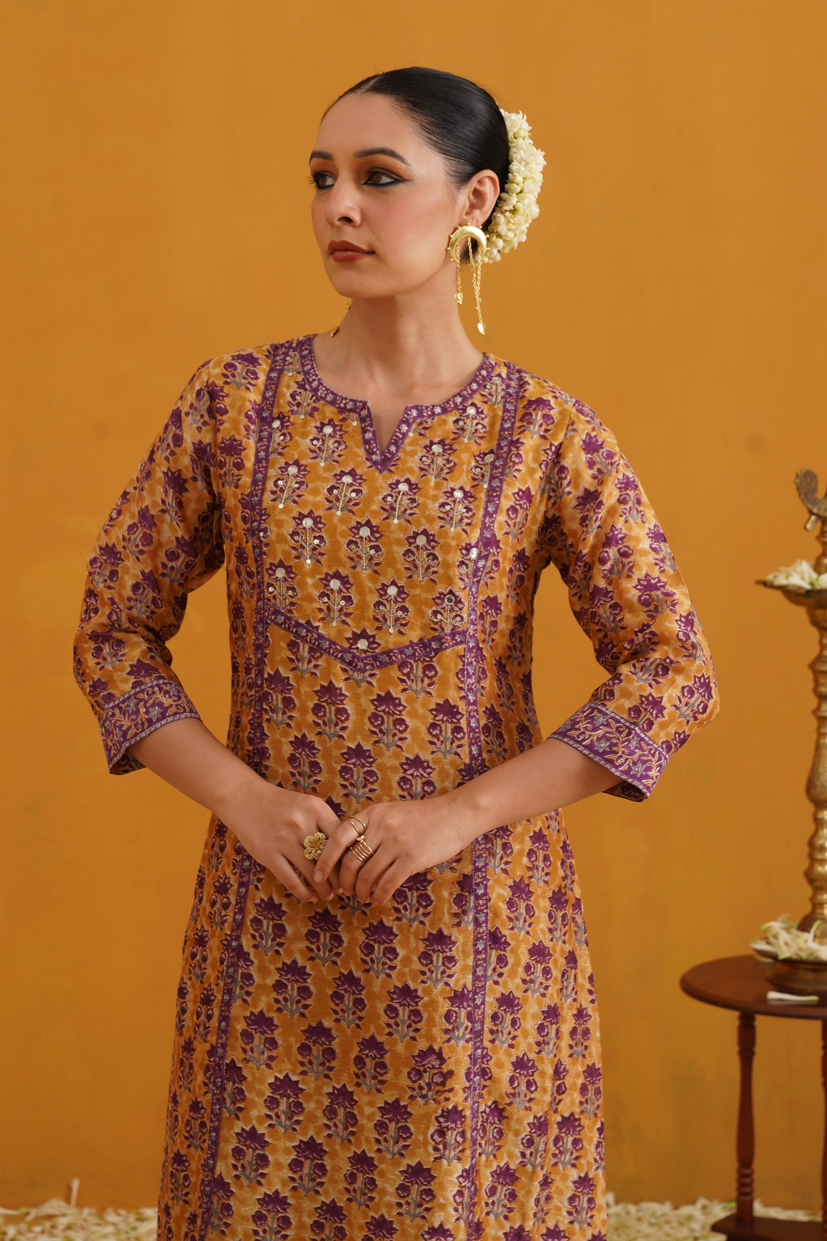 Mustard Molly Embroidered Chanderi Kurta Set of 3