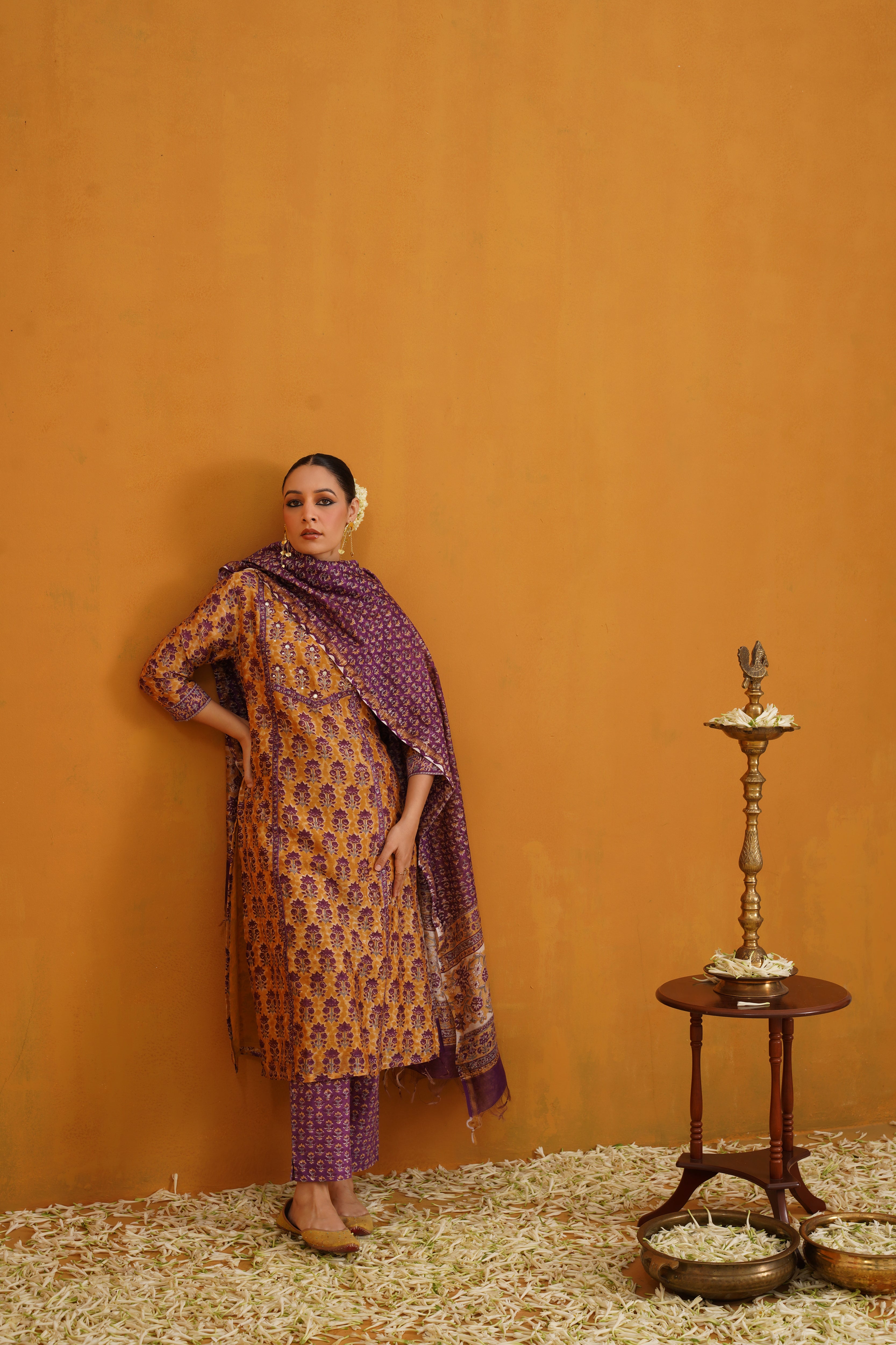 Mustard Molly Embroidered Chanderi Kurta Set of 3