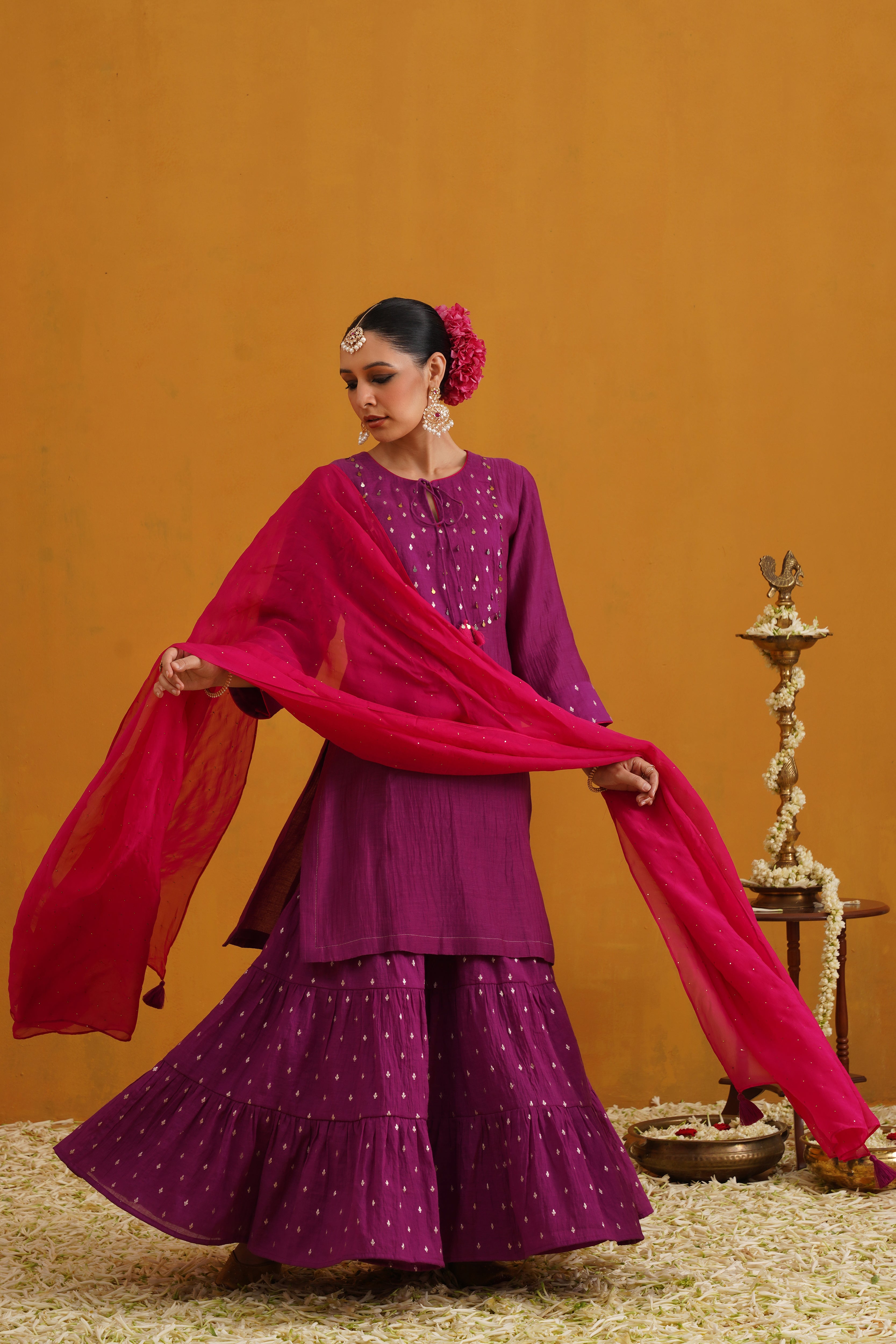 Purple Cecilia Embroidered Banarasi Sharara Set of 3
