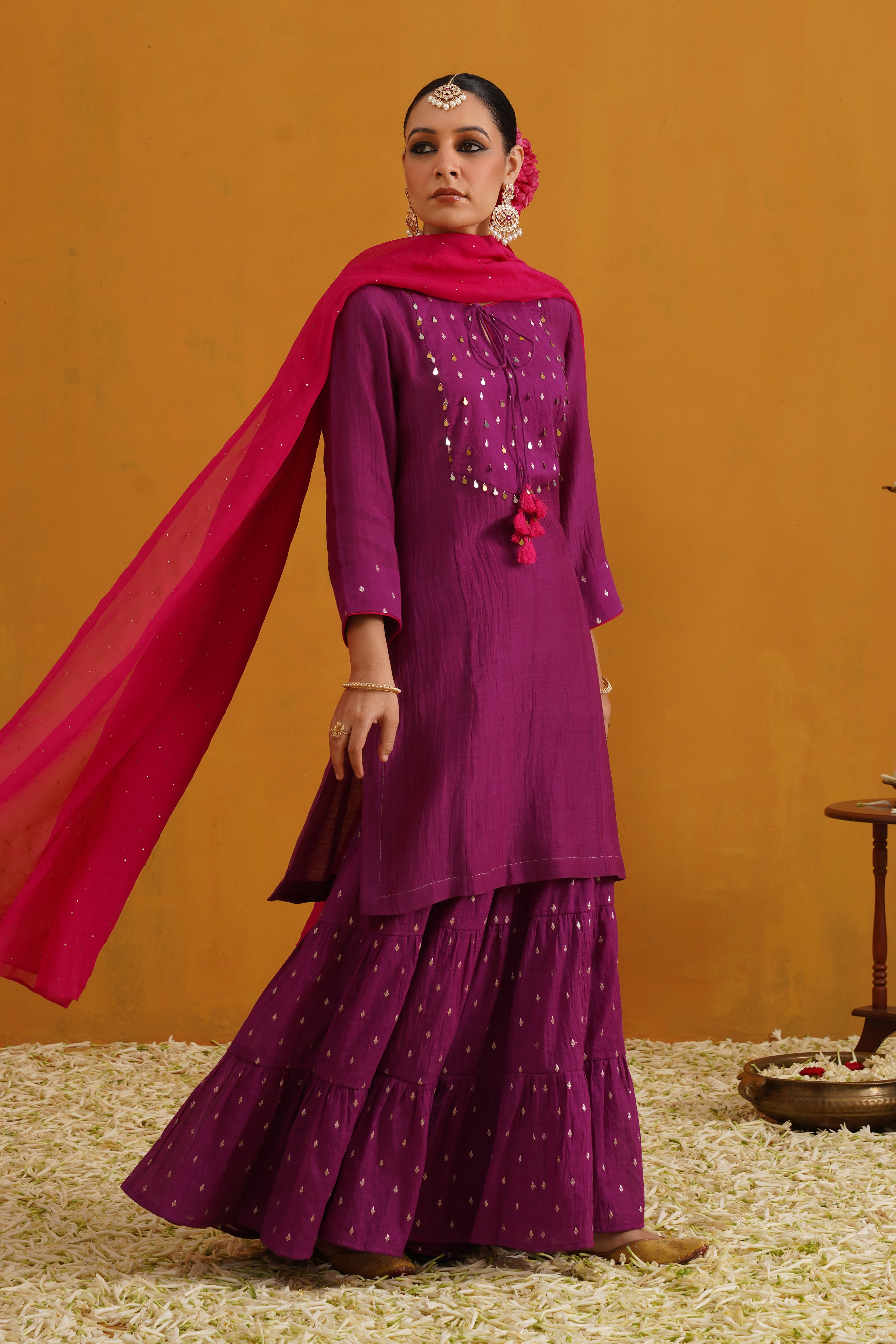 Purple Cecilia Embroidered Banarasi Sharara Set of 3