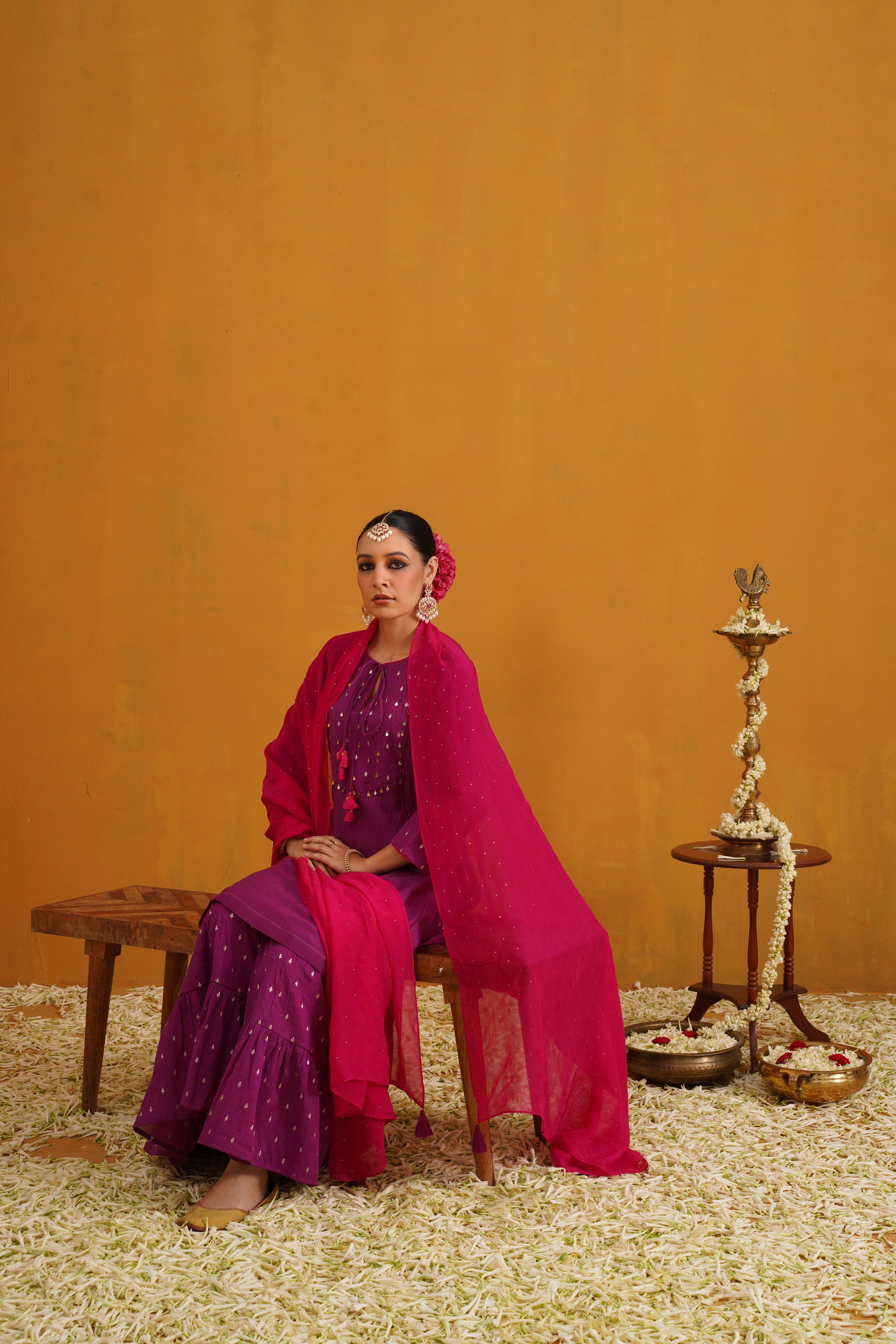 Purple Cecilia Embroidered Banarasi Sharara Set of 3