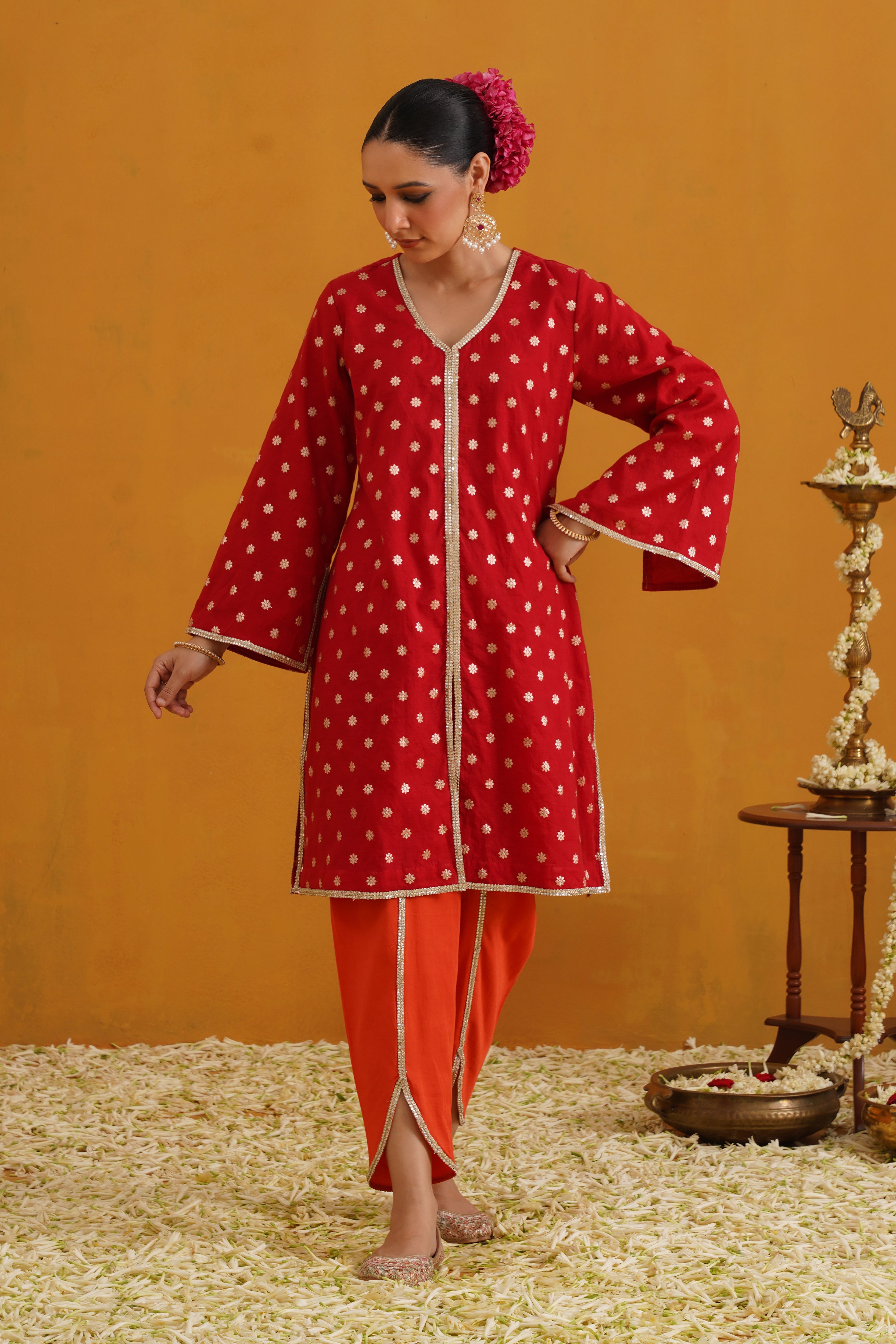 Red Riley Choga Banarasi Kurta Set of 3