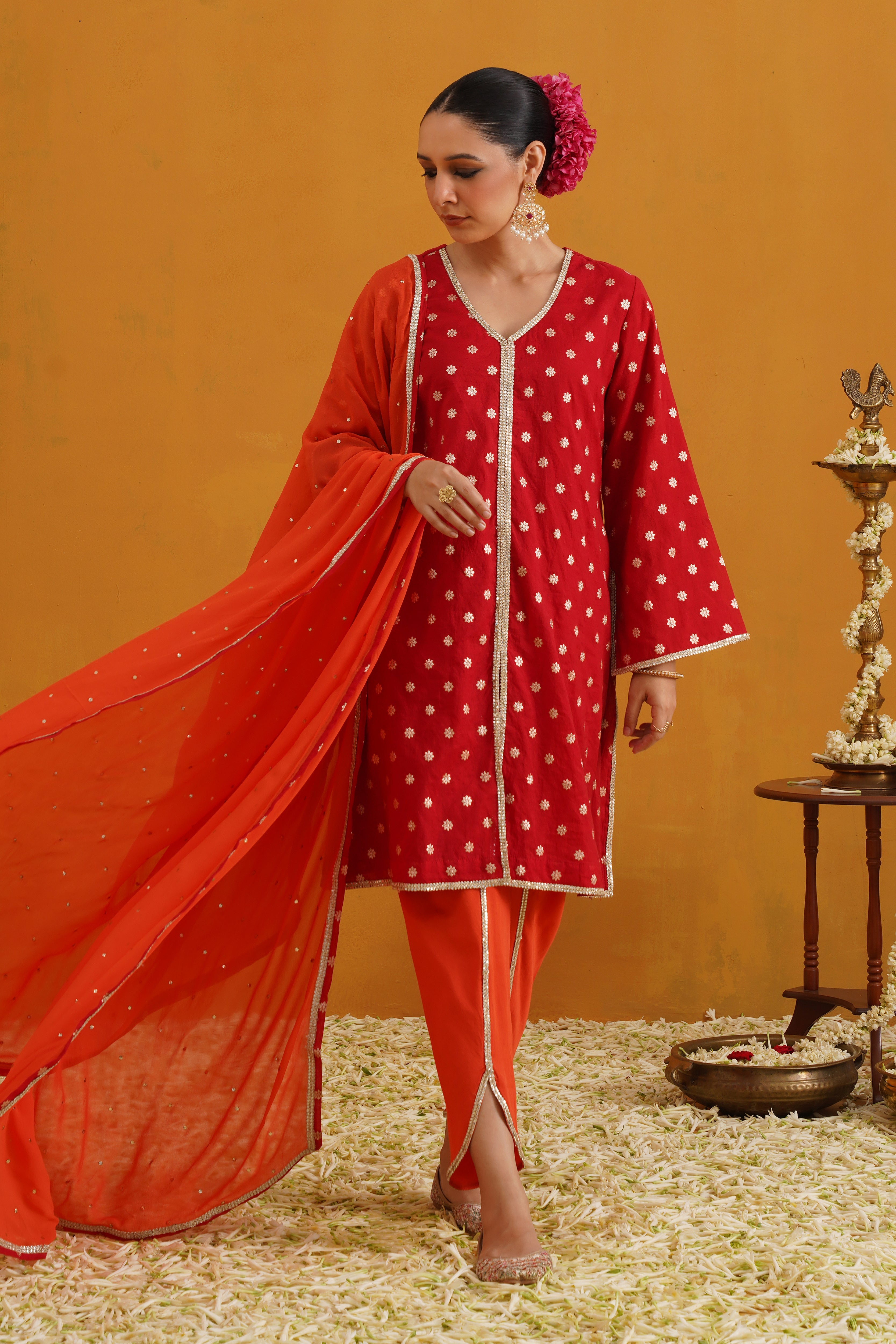 Red Riley Choga Banarasi Kurta Set of 3