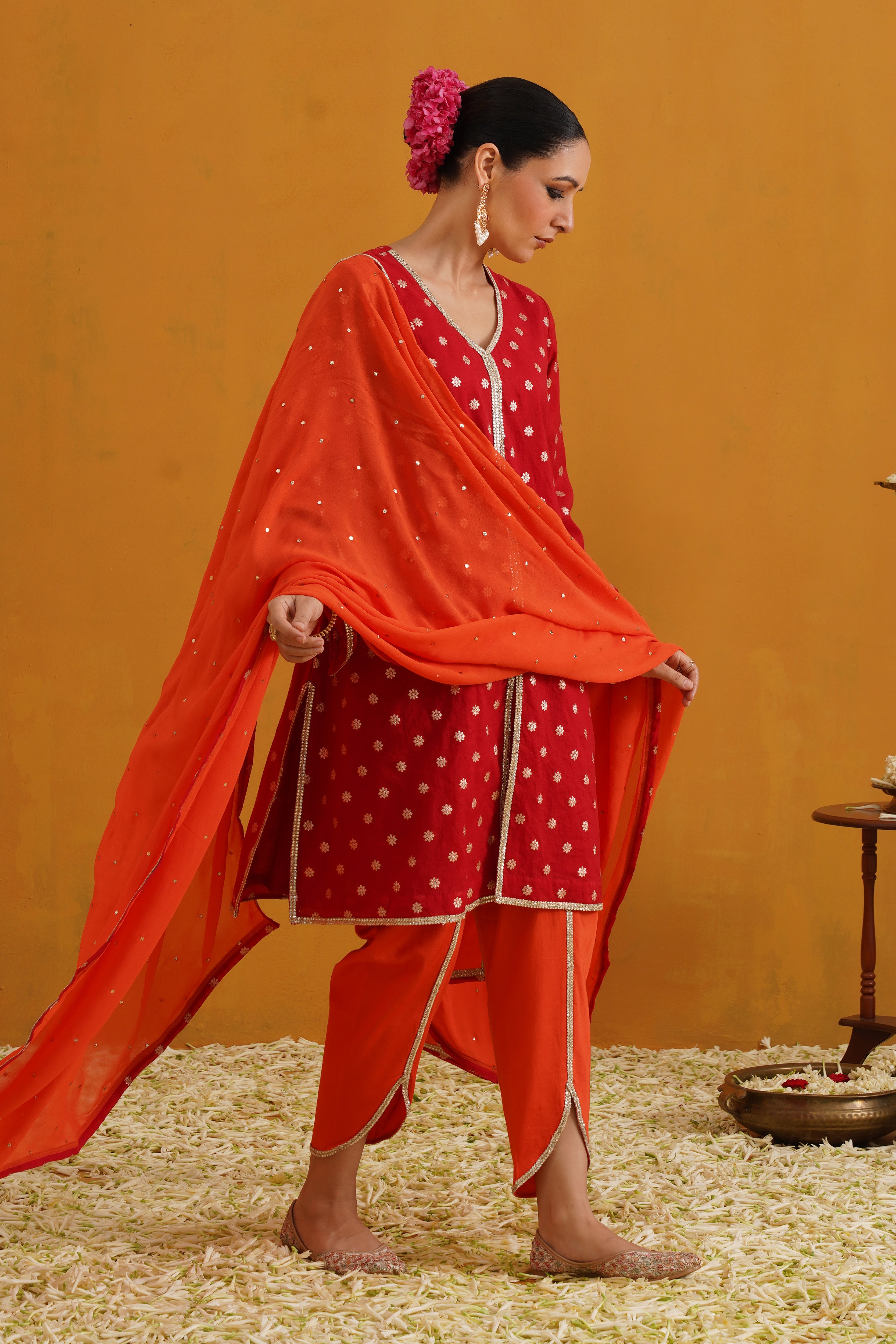 Red Riley Choga Banarasi Kurta Set of 3