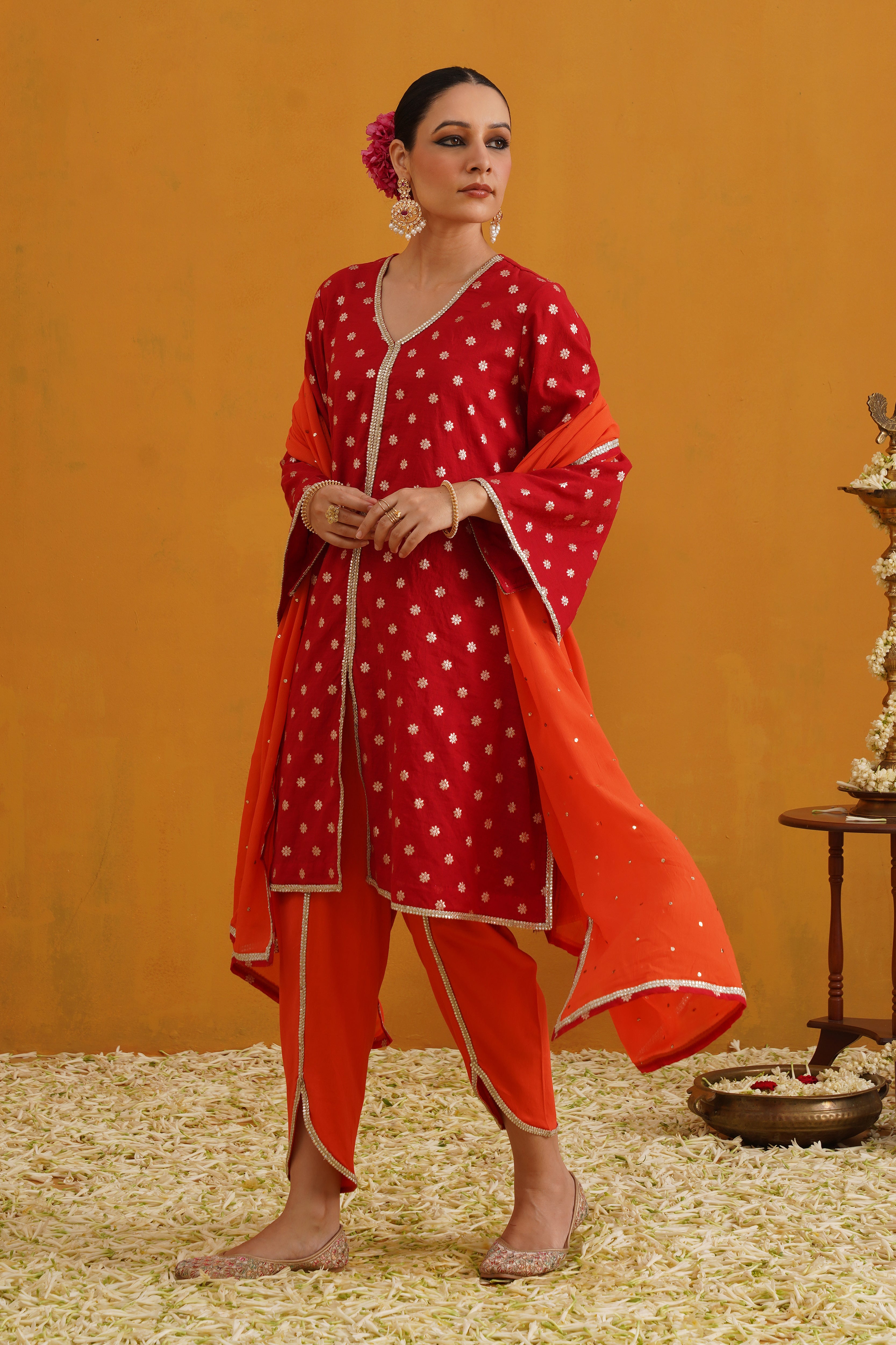 Red Riley Choga Banarasi Kurta Set of 3