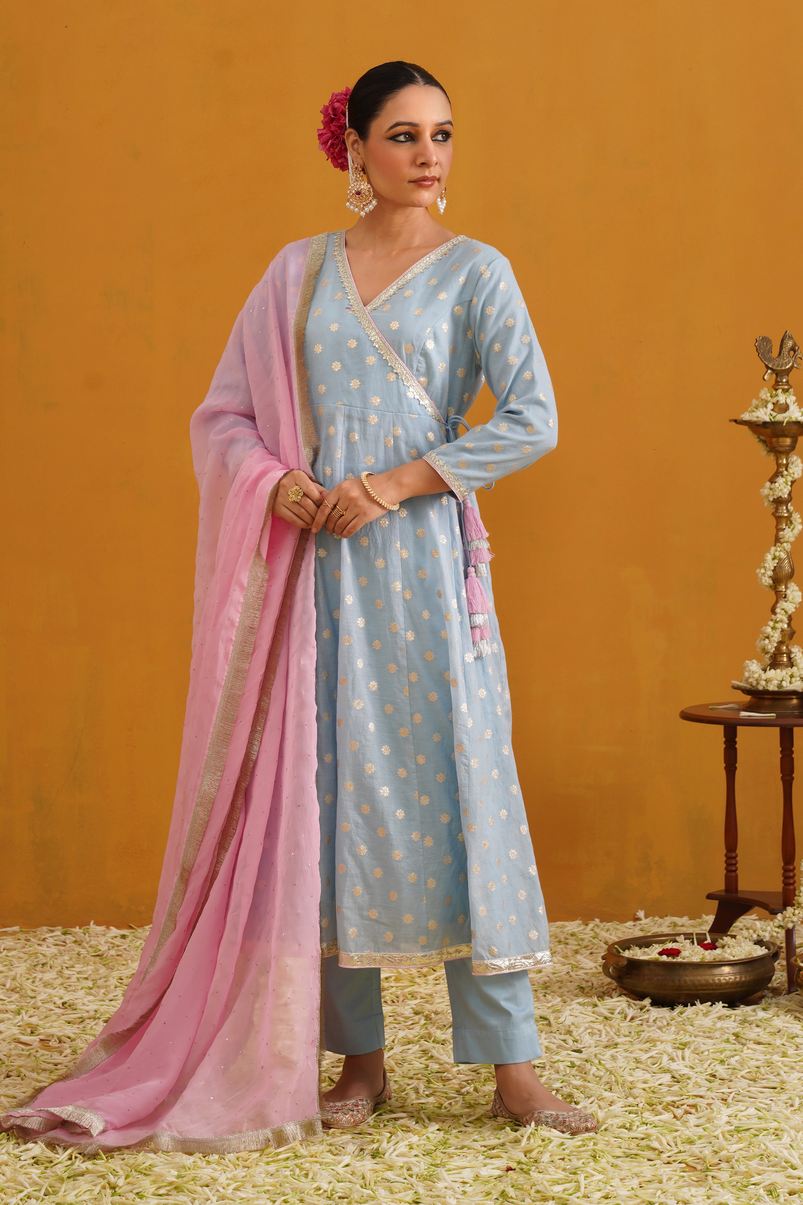 Blue Bethany Banarasi Anarkali Set of 3