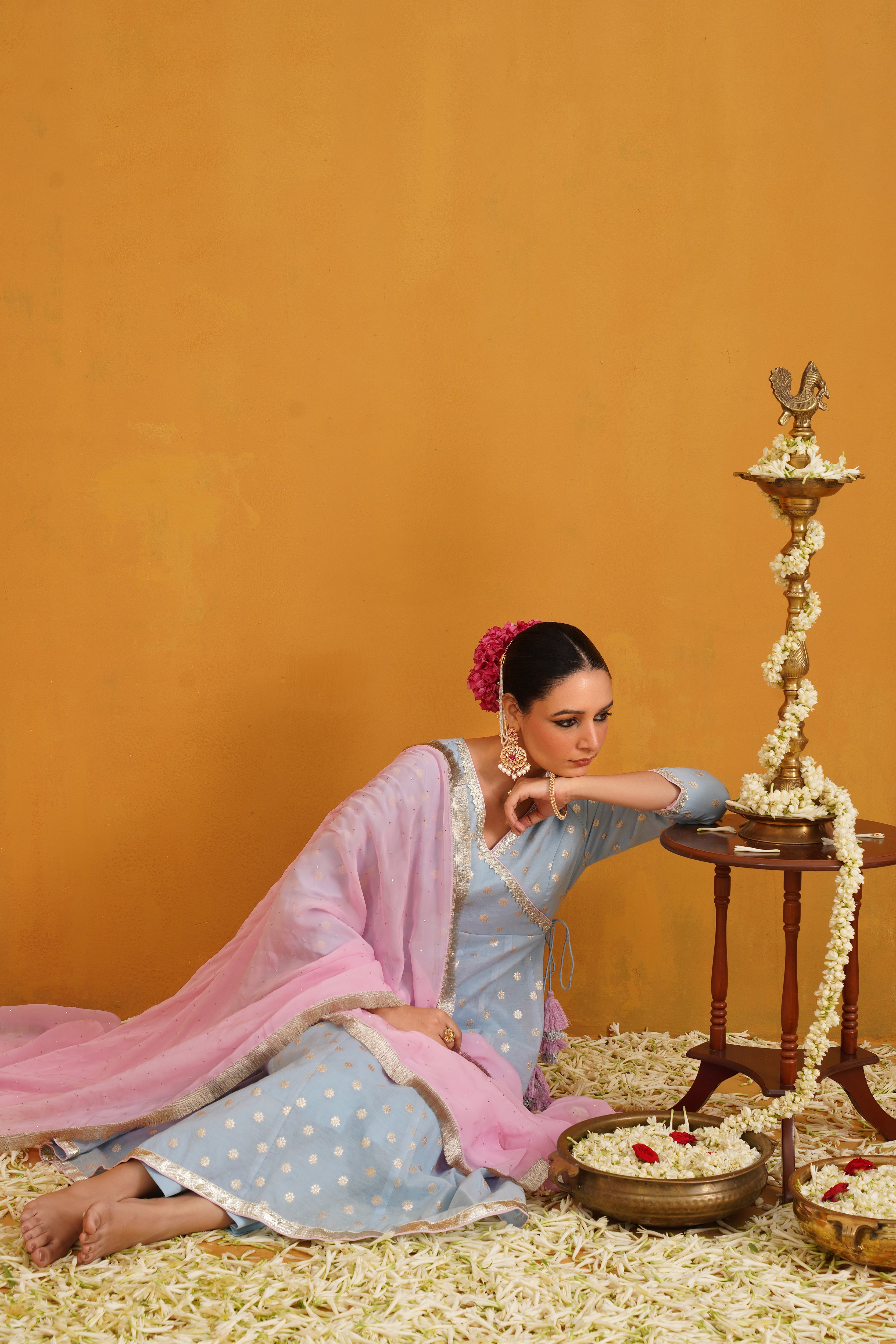 Blue Bethany Banarasi Anarkali Set of 3