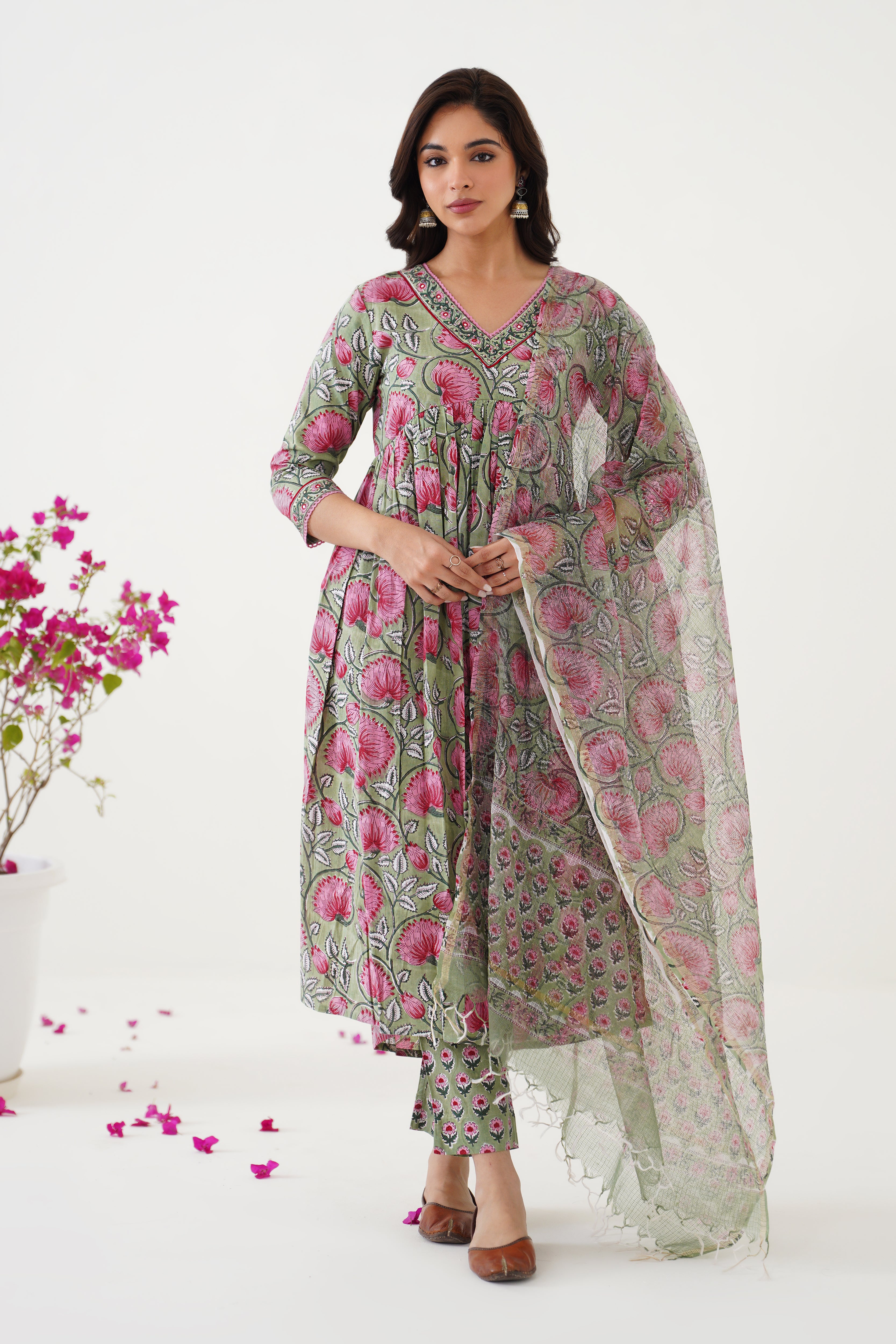 Green Gianna Embroidered Anarkali Set of 3