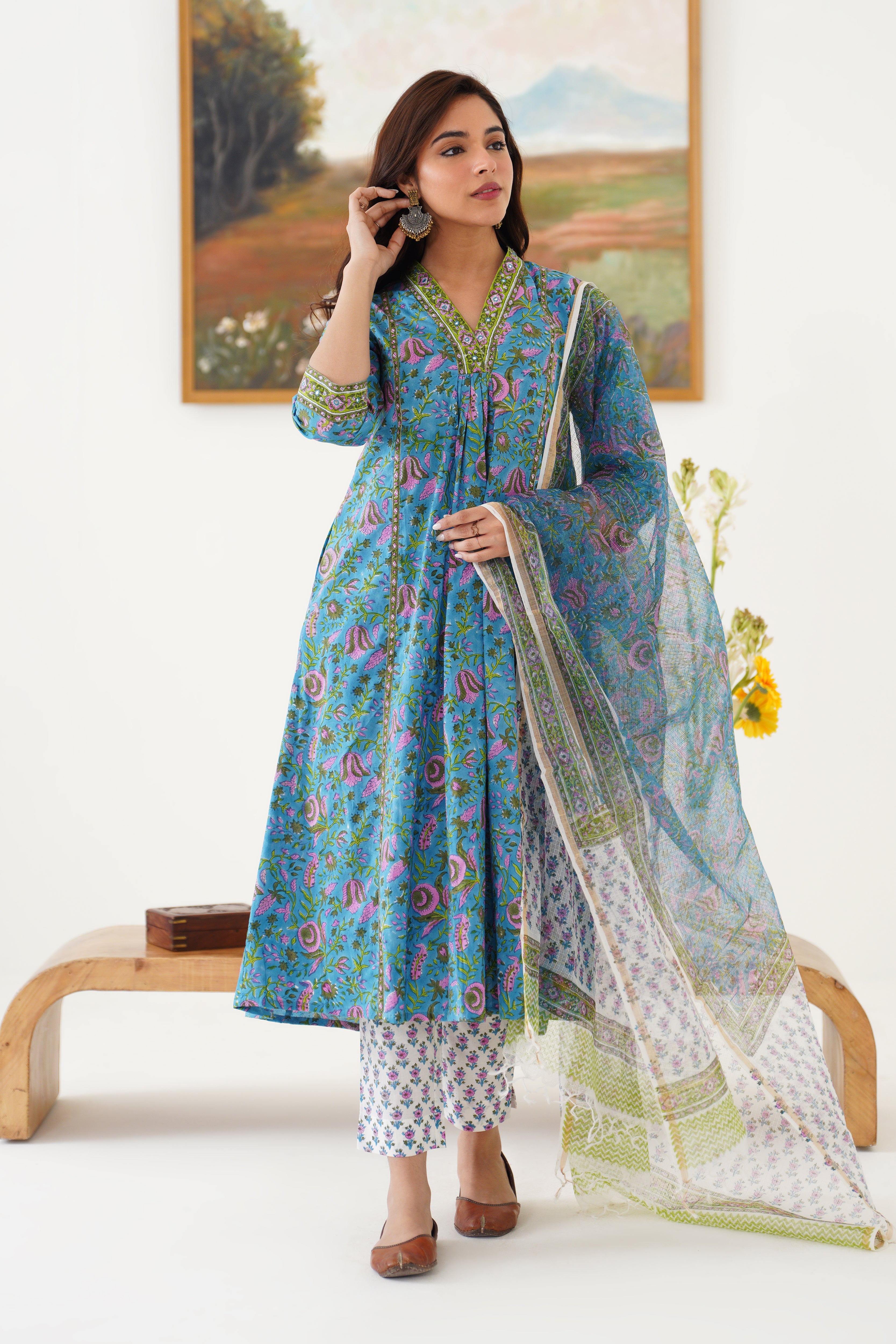Blue Adeline Embroidered Kurta Set of 3