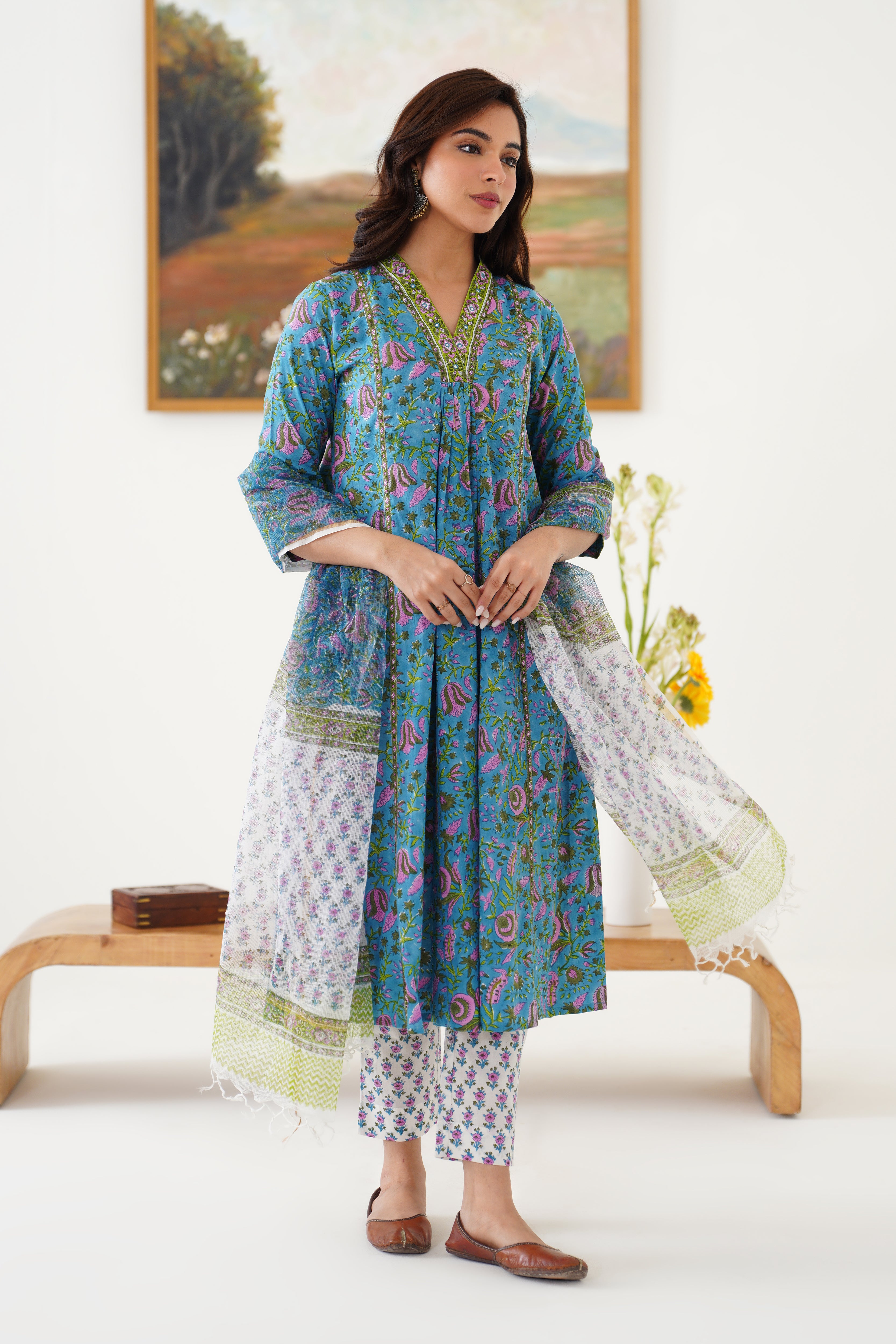 Blue Adeline Embroidered Kurta Set of 3