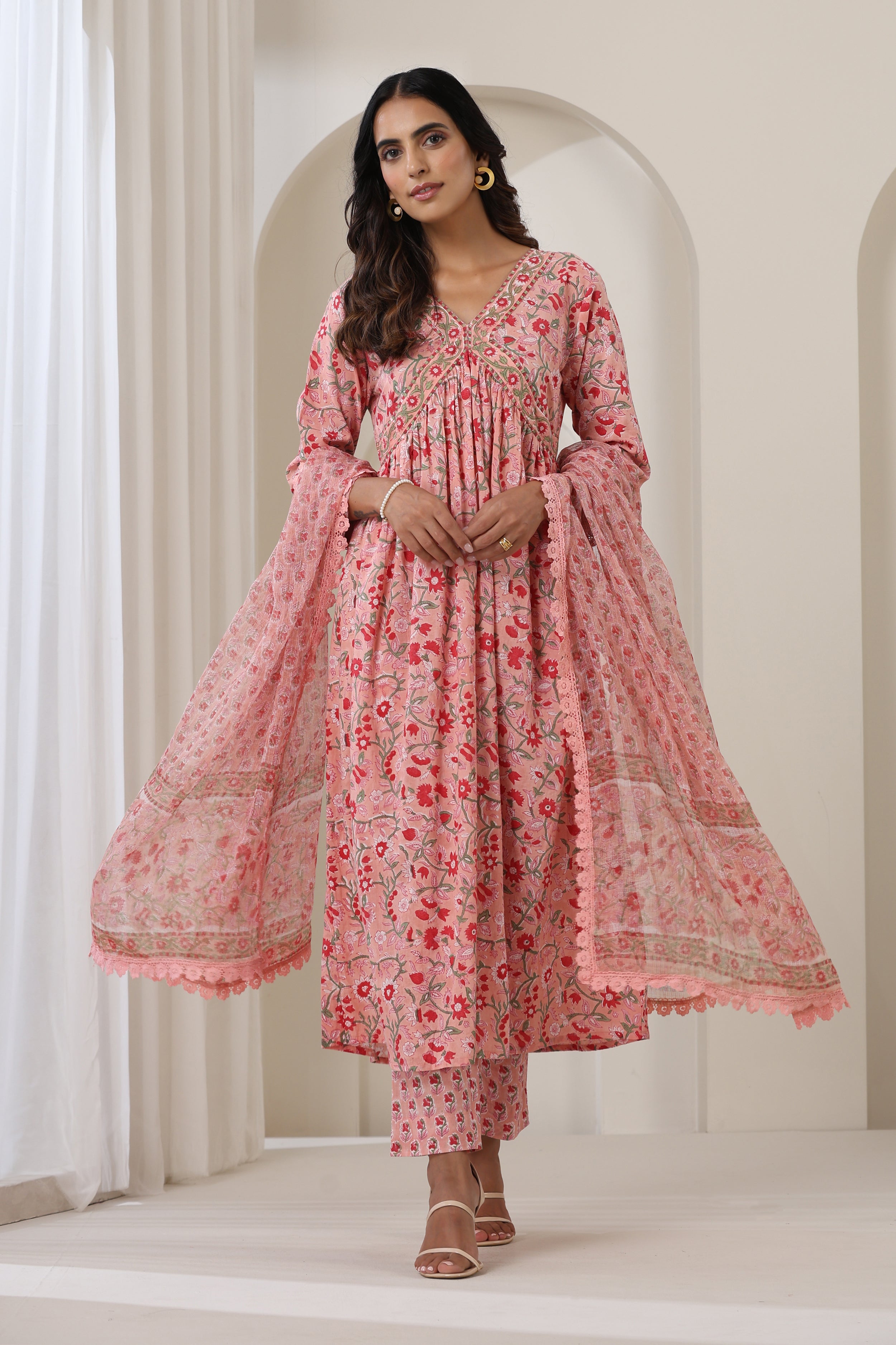 Blooming Peach Gathered Kurta Set of 3