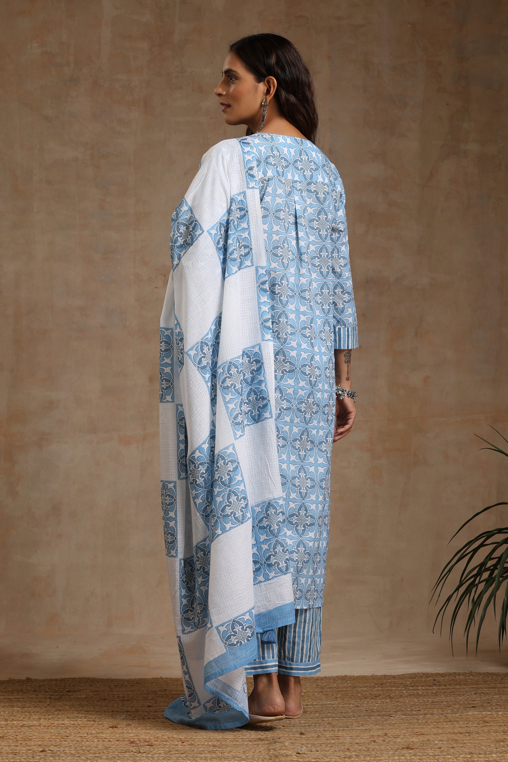 Sky Blue Geometric Embroidered Kurta Set of 3
