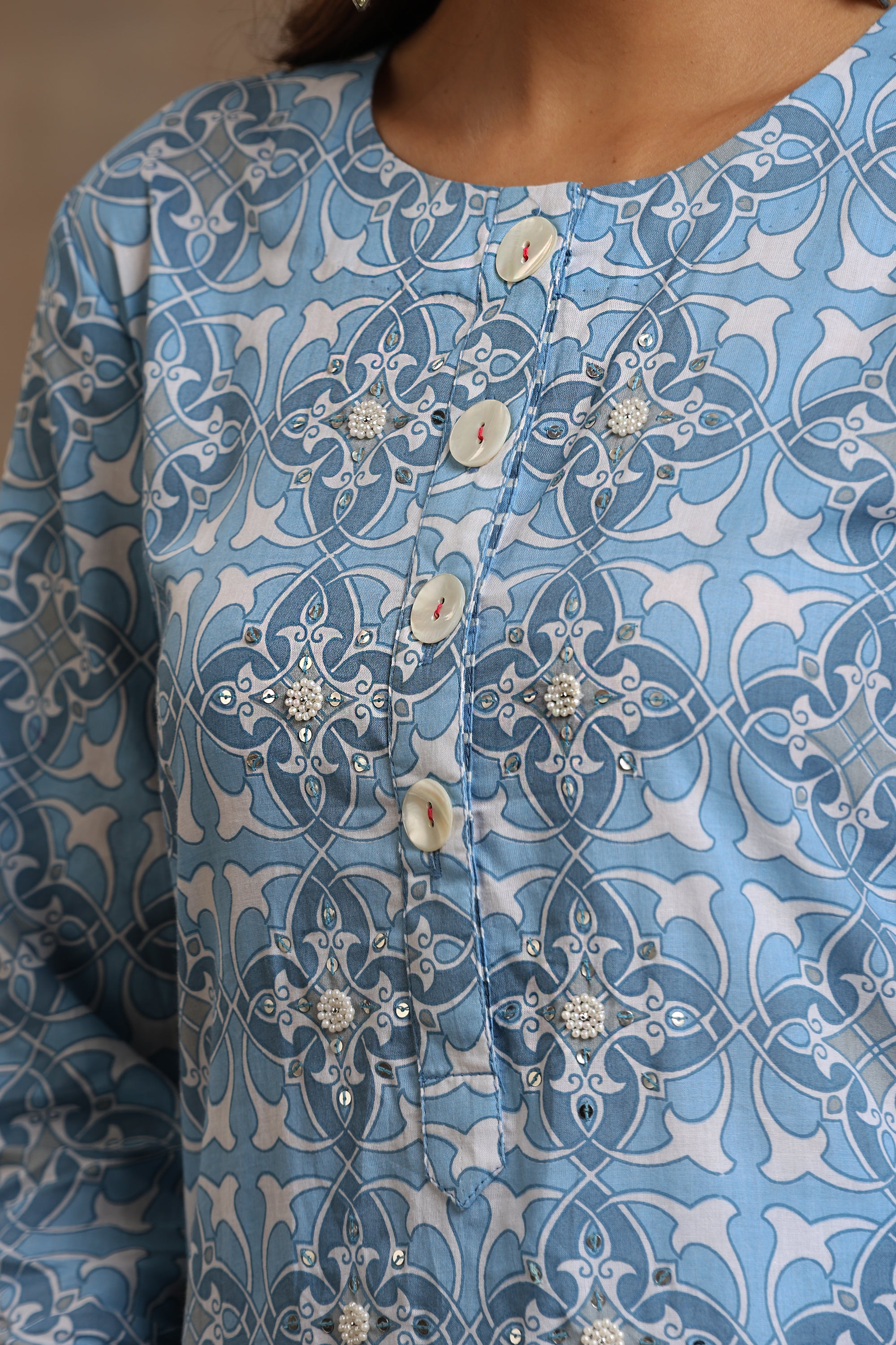 Sky Blue Geometric Embroidered Kurta Set of 3