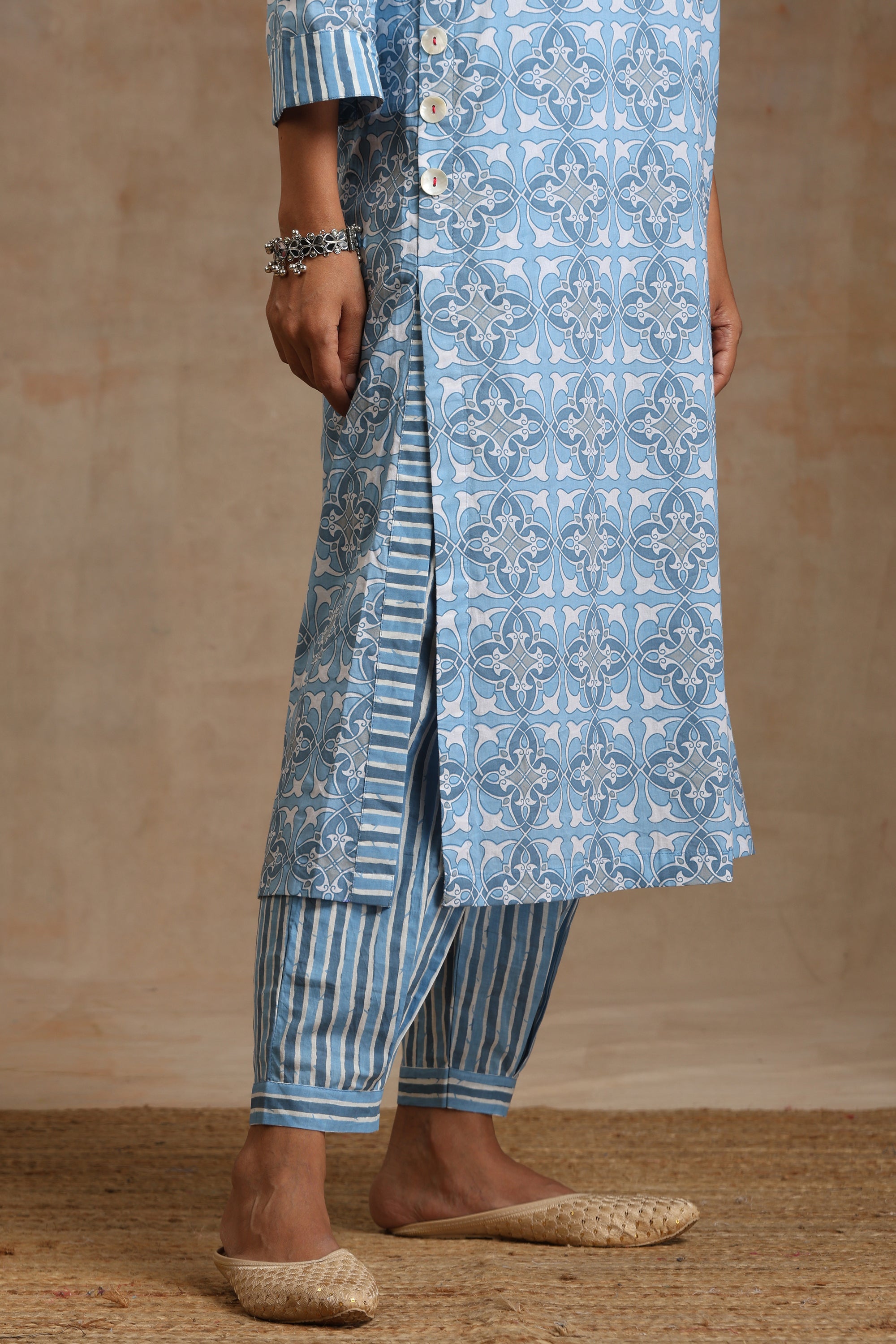 Sky Blue Geometric Embroidered Kurta Set of 3