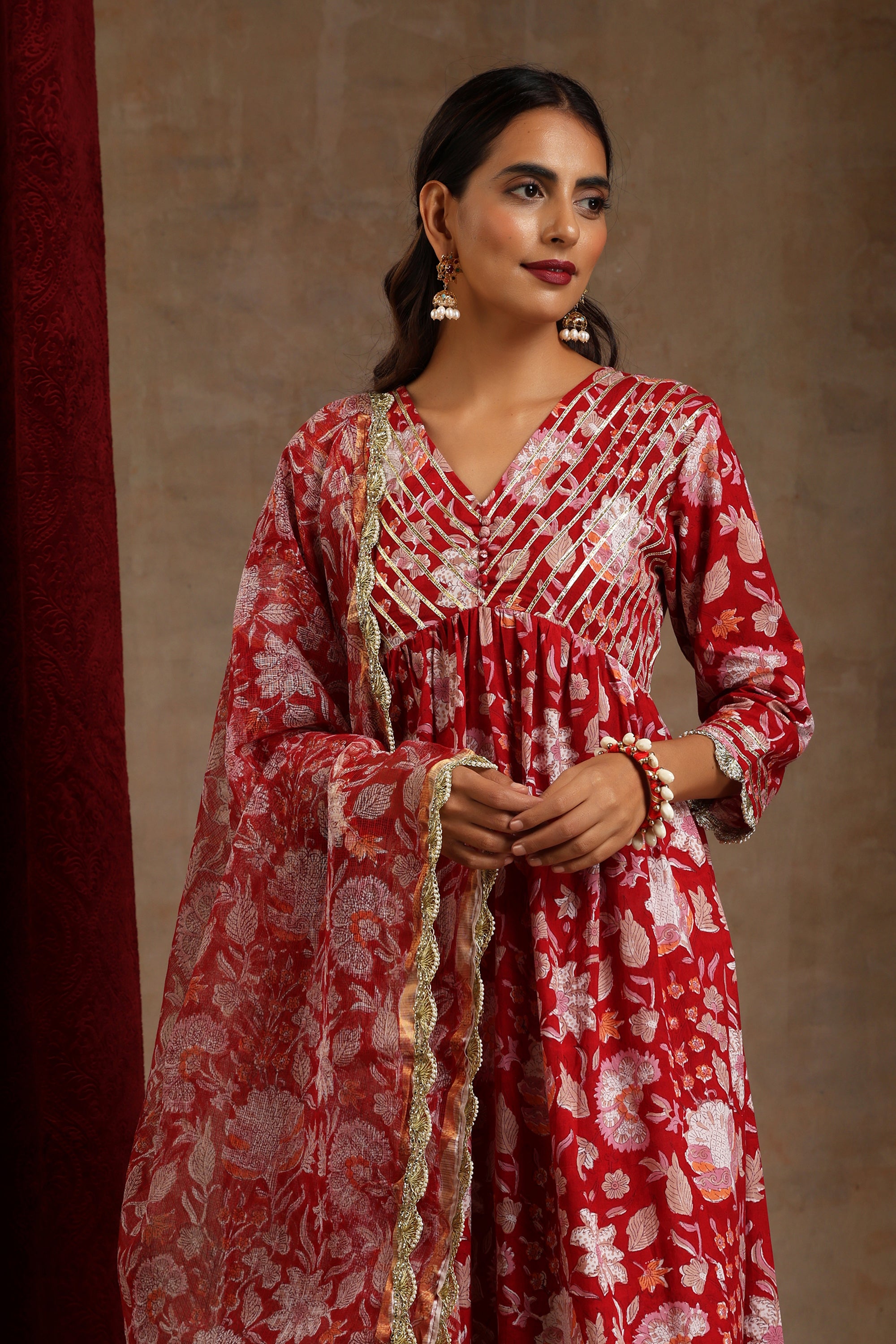 Red Scarlet Floral Anarkali Set of 3