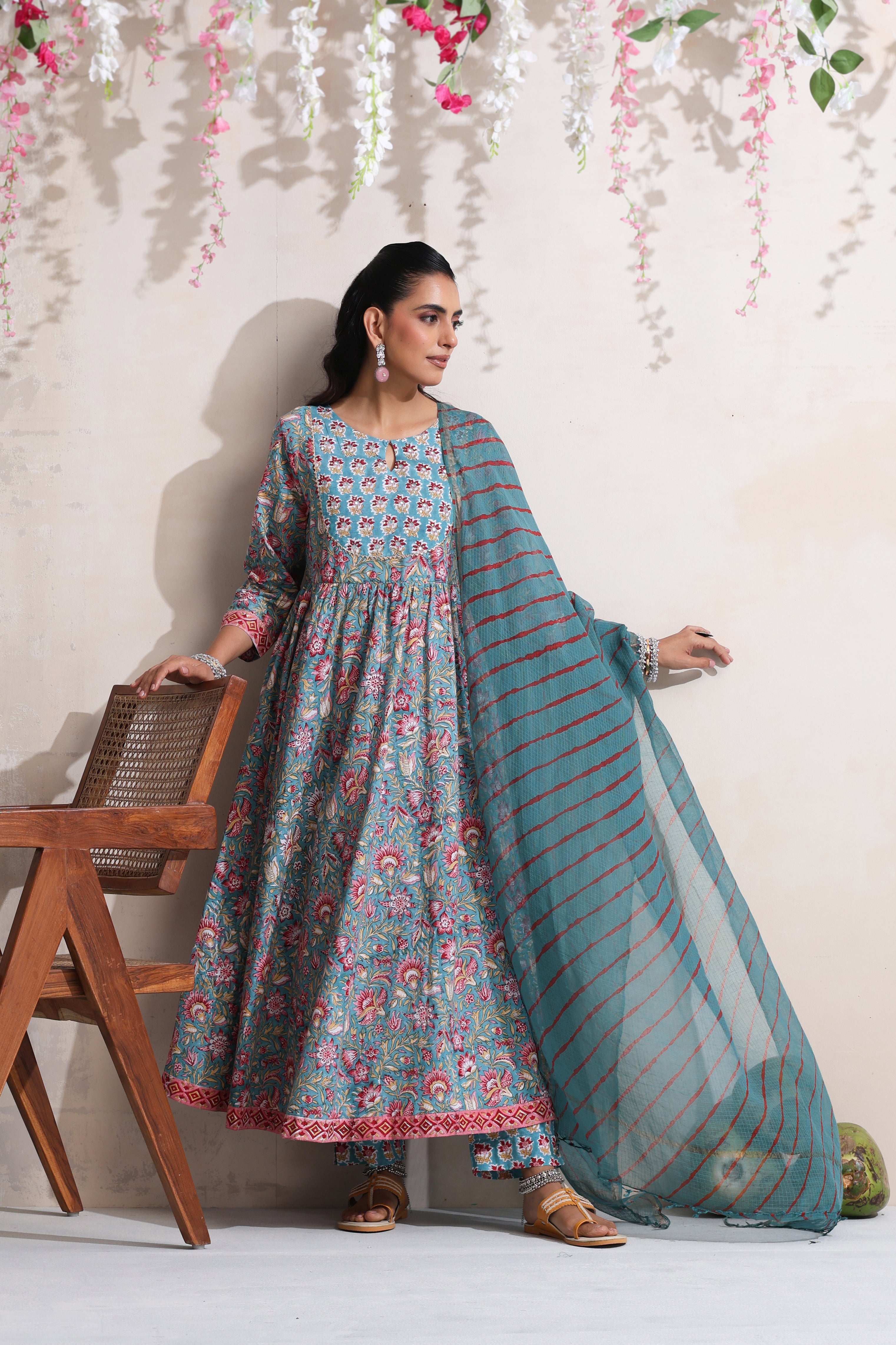 Green Gazania Embroidered Anarkali Set of 3