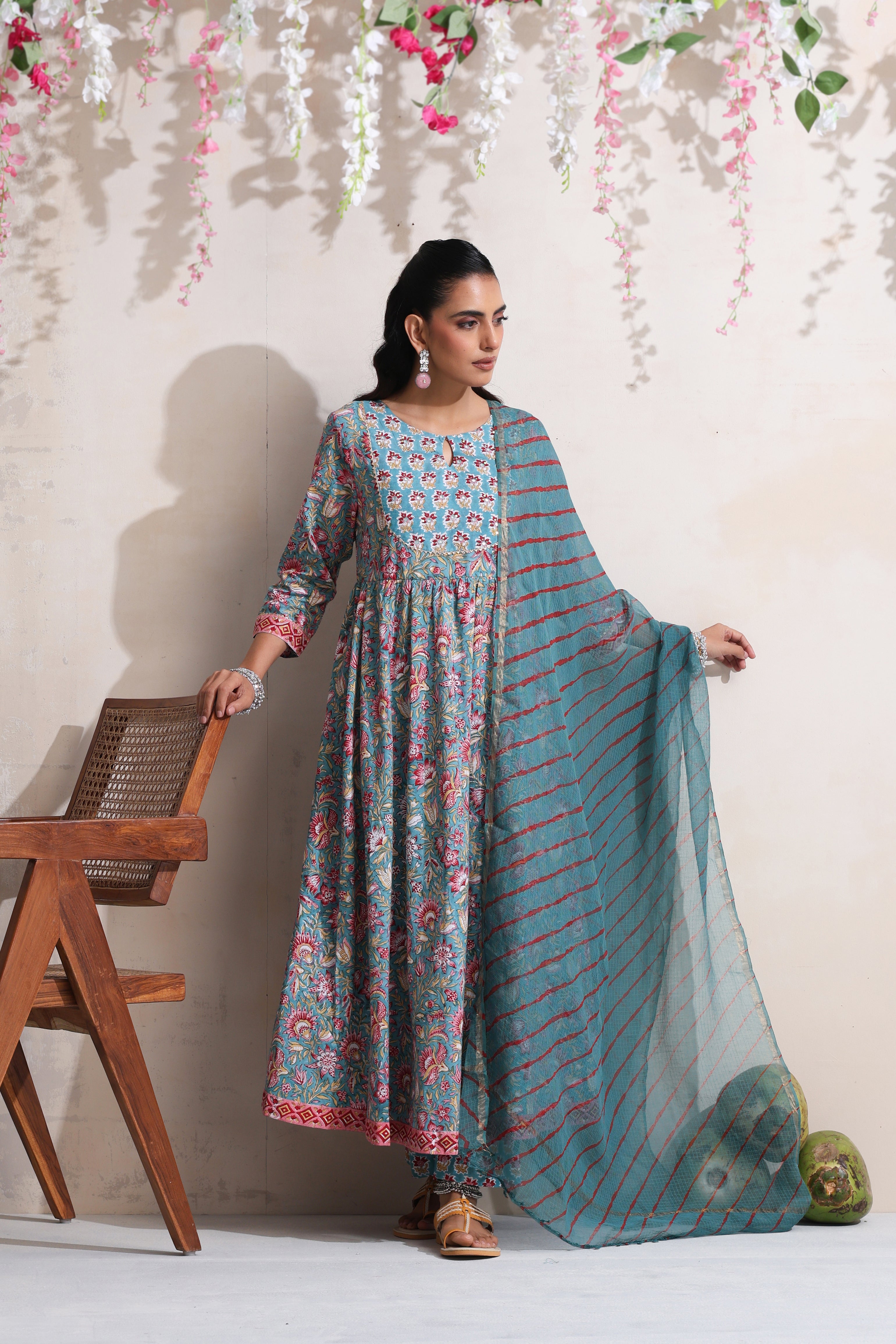 Green Gazania Embroidered Anarkali Set of 3