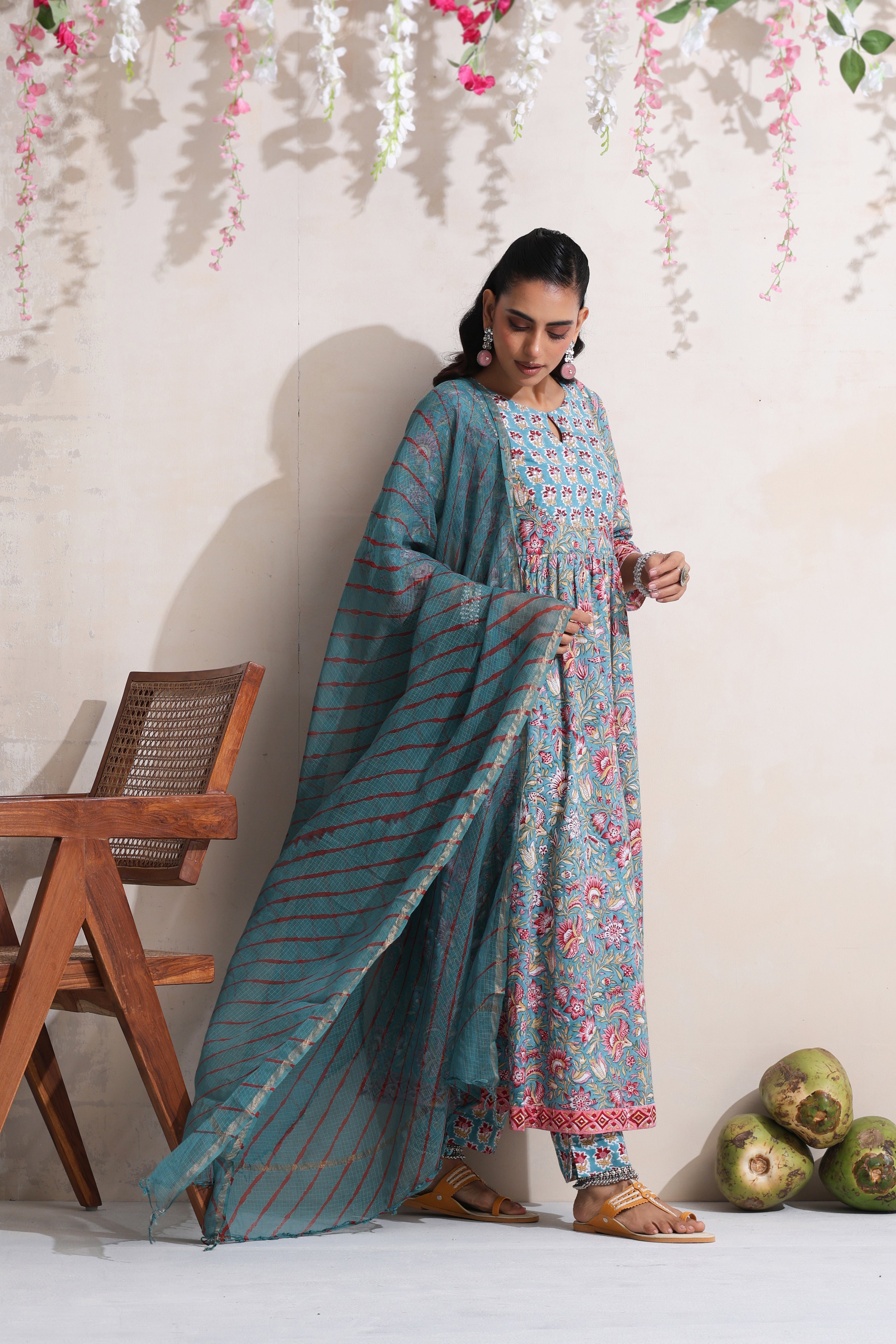 Green Gazania Embroidered Anarkali Set of 3