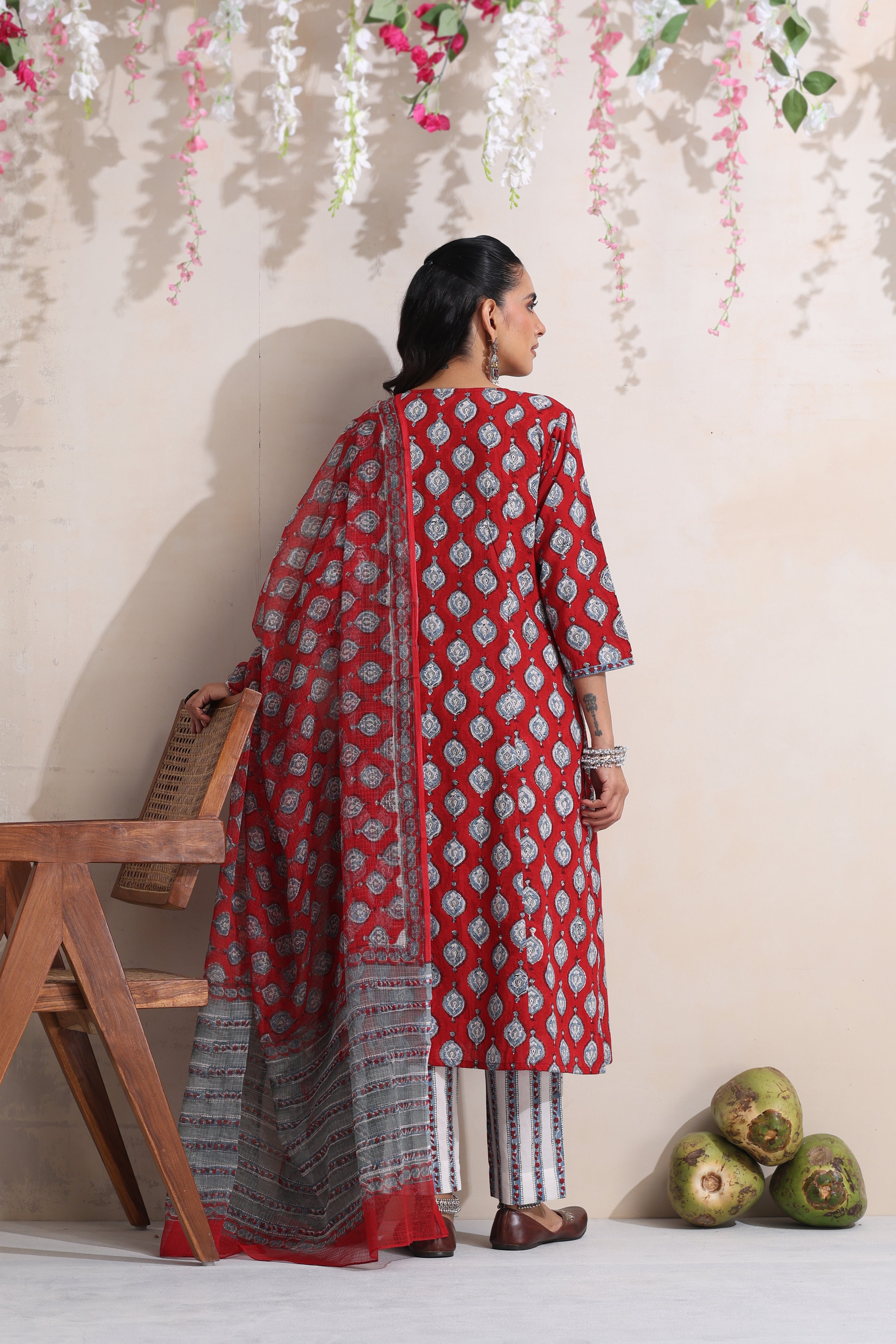 Red Garnet Embroidered Kurta Set of 3