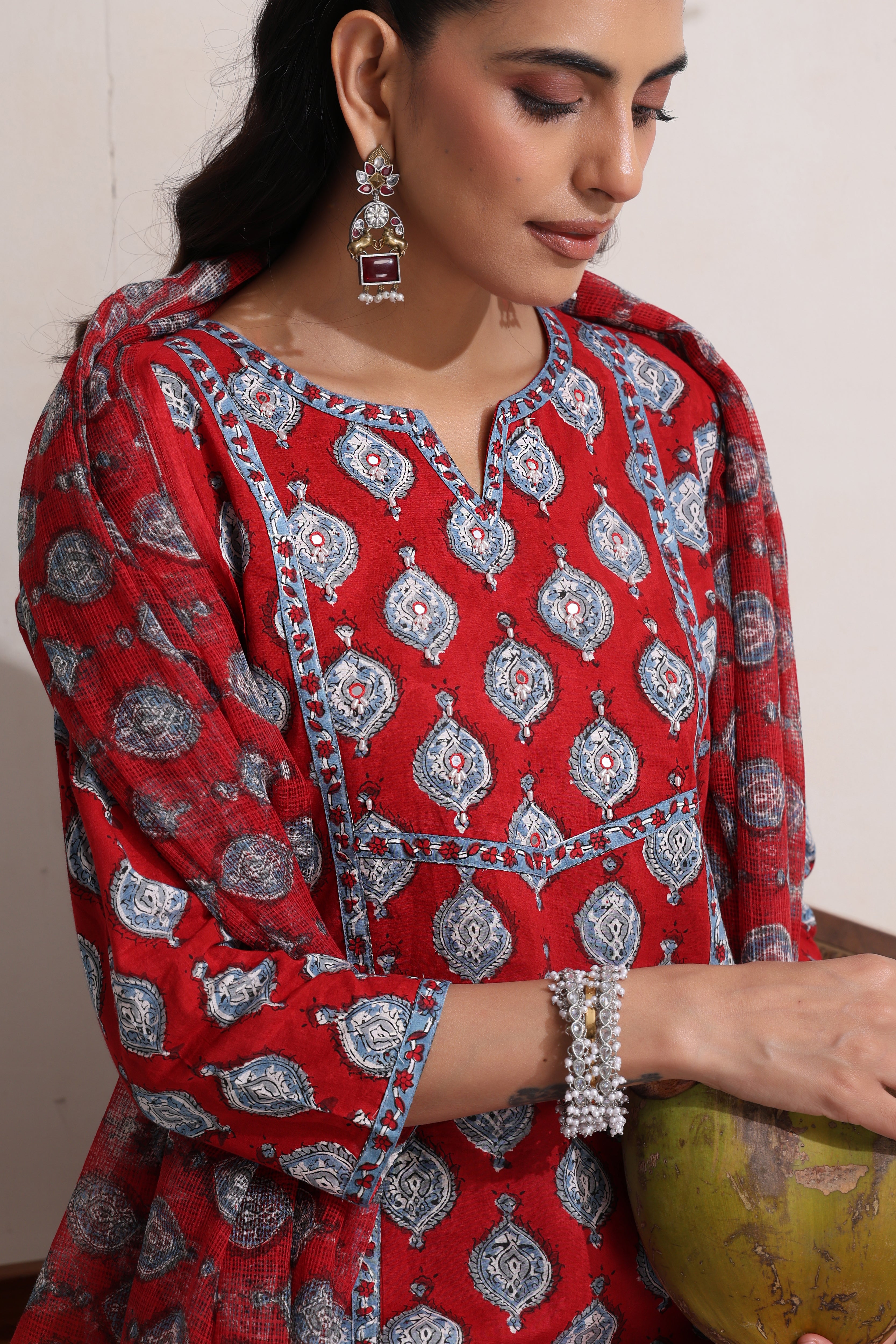 Red Garnet Embroidered Kurta Set of 3